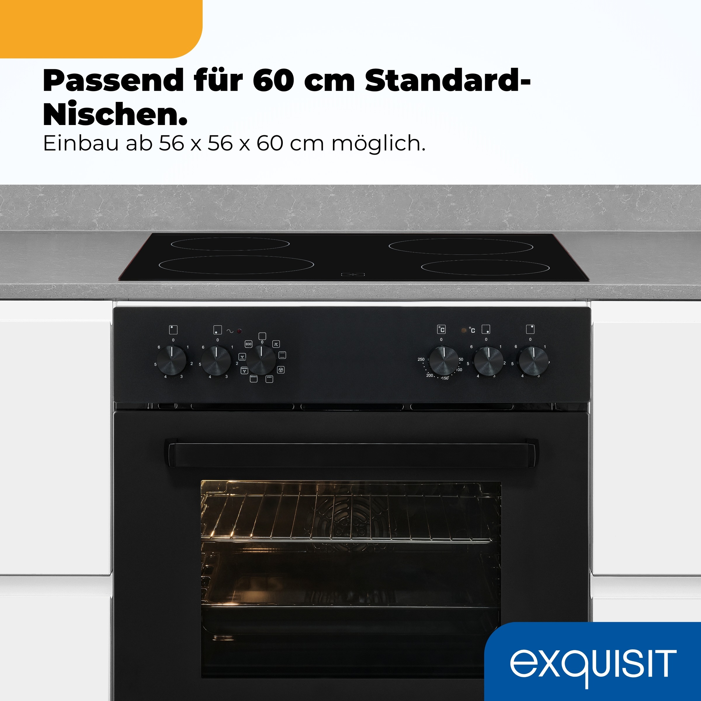 exquisit Elektro-Herd-Set »EHE367-U-120 mattschwarz-Set« Backofen;Glaskeramikkochfeld, 2 Stk. tlg. Modern, trendiges Mattschwarz,Umluft ideal für mehrere Plätzchenbleche