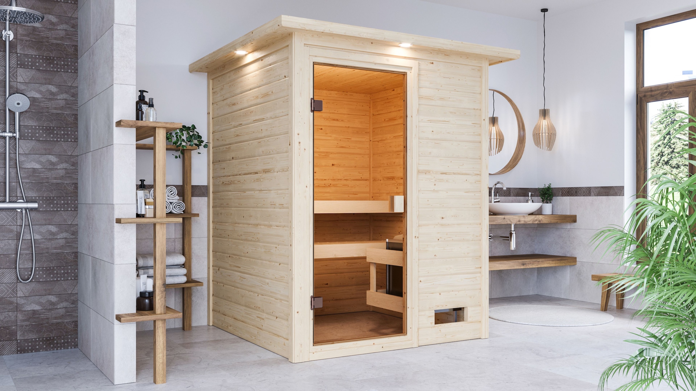 Karibu Sauna »"Sandy" mit bronzierter Tür und Kranz, naturbelassen« aus hochwertiger nordischer Fichte