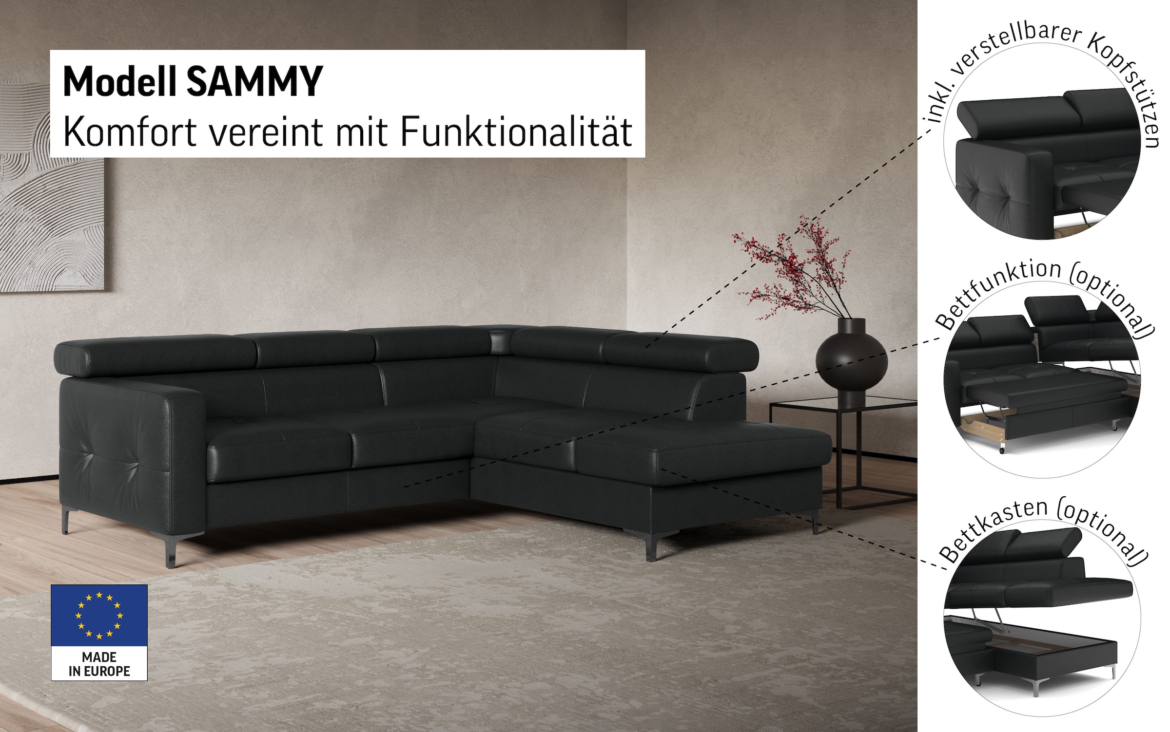 COTTA Ecksofa »Sammy L-Form«, mit Kopfteilverstellung, wahlweise mit Bettfunktion & Bettkasten
