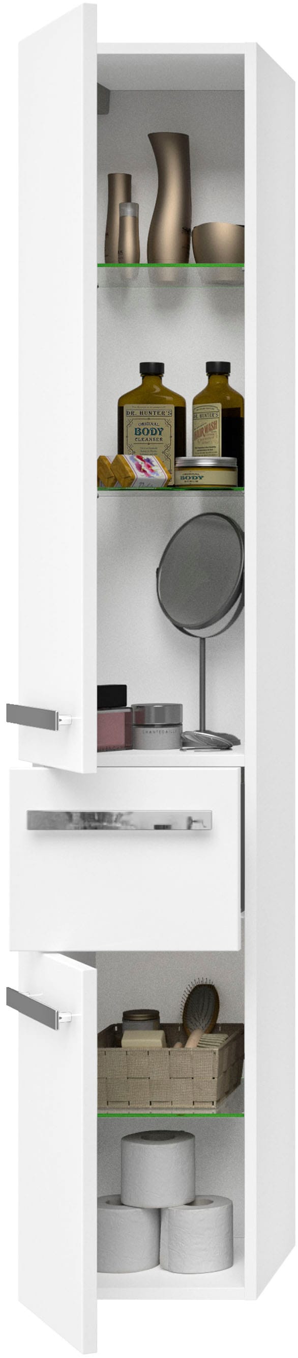 Saphir Badmöbel-Set »Serie 4005, vormontiert, Glaswaschbecken, Spiegelschrank«, (Set, 6 St.), Badezimmer-Set mit Unterschrank, Hängeschrank, Hochschrank, Türdämpfer