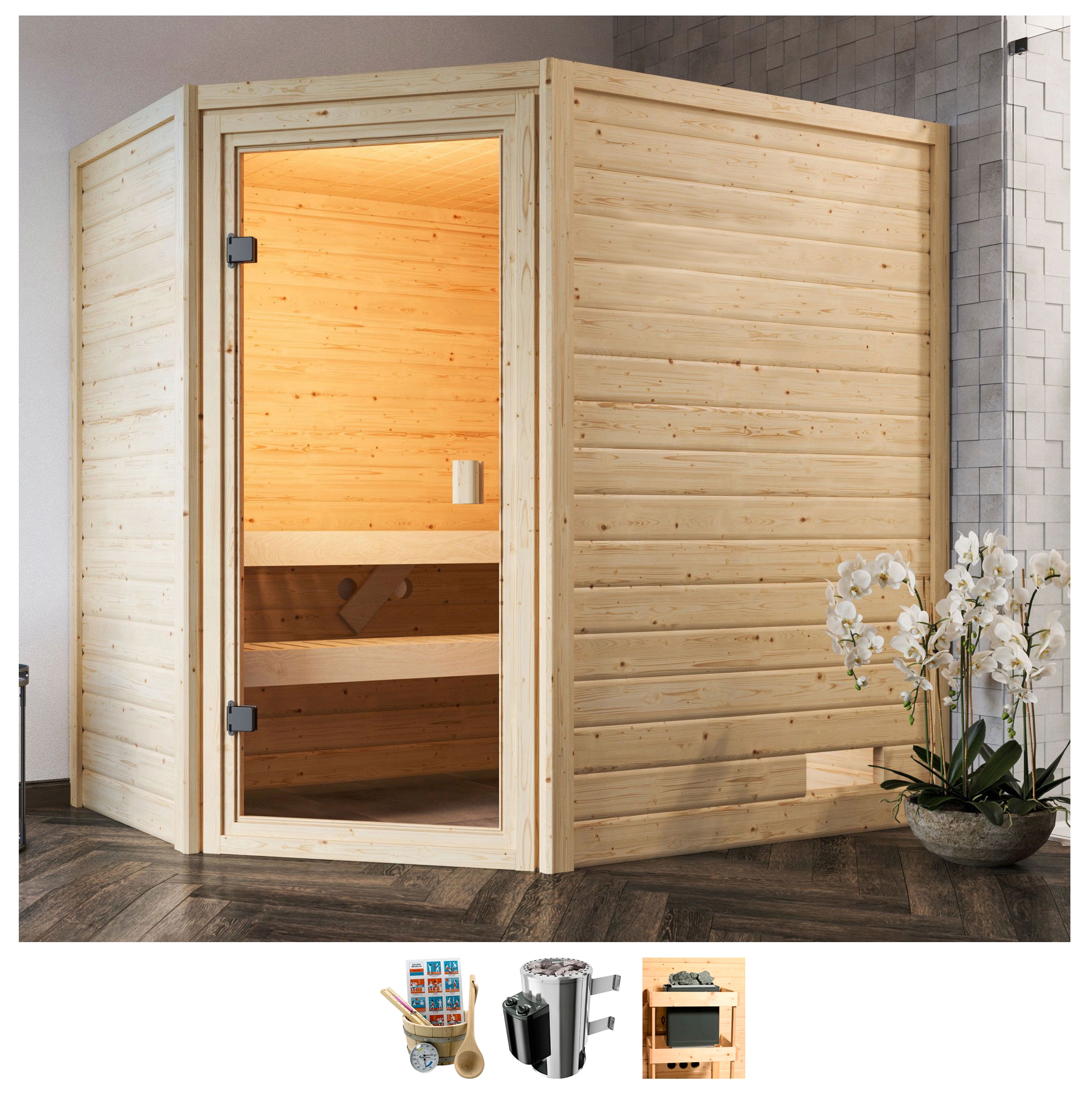 Sauna »Juli«, 3,6-kW-Plug & Play Ofen mit int. Steuerung