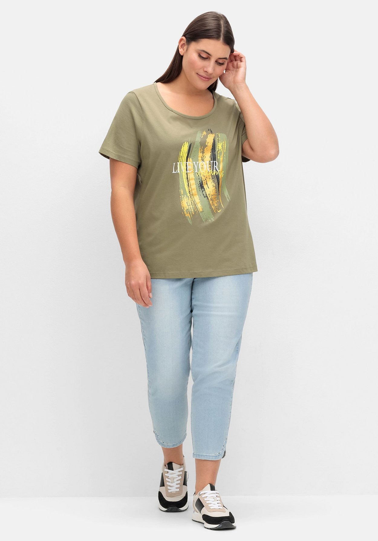 Sheego T-Shirt »Kurzarmshirt mit Frontdruck und Glitzereffekt«