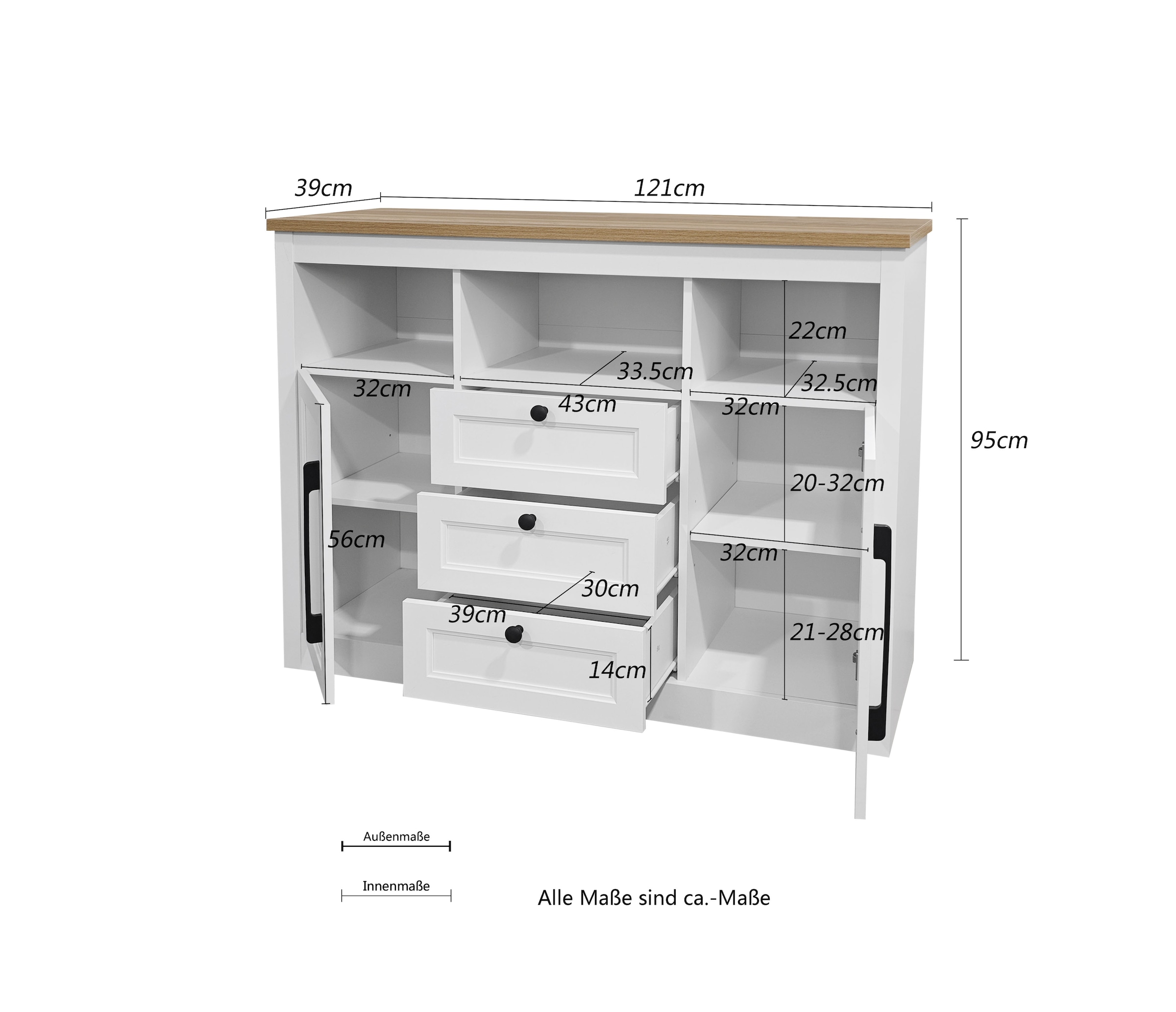 OTTO home Sideboard »Ismund«, aus MDF, mit Holz-Zierleiste, schwarzen Metallgriffen, Höhe 95 cm