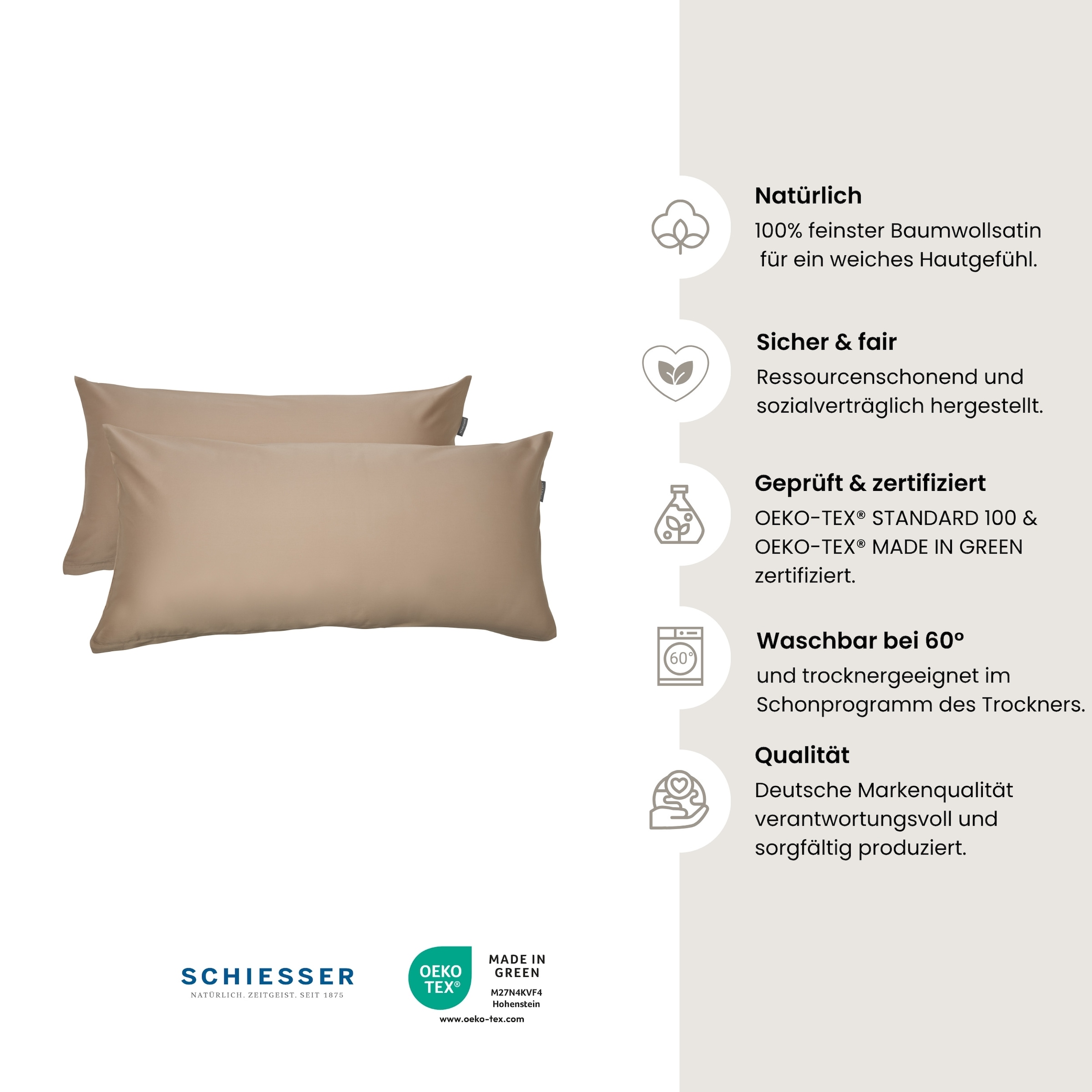 Schiesser Kissenhülle »Ella Premium Kissenhüllenset aus feinstem Baumwollsatin, 40x80 cm«, (2 St.), Made in Green