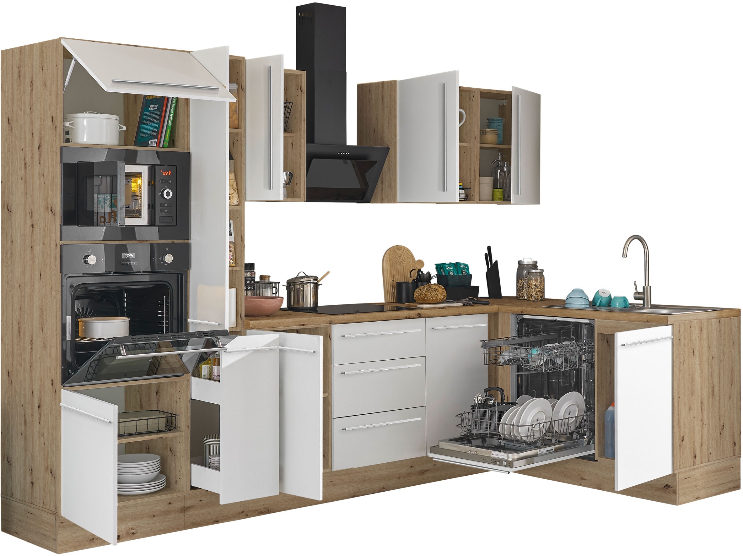 KOCHSTATION Winkelküche »Florida, Stellbreite 310x175 cm« wahlweise mit E-Geräten, mit Softclose für Türen und Schubkästen