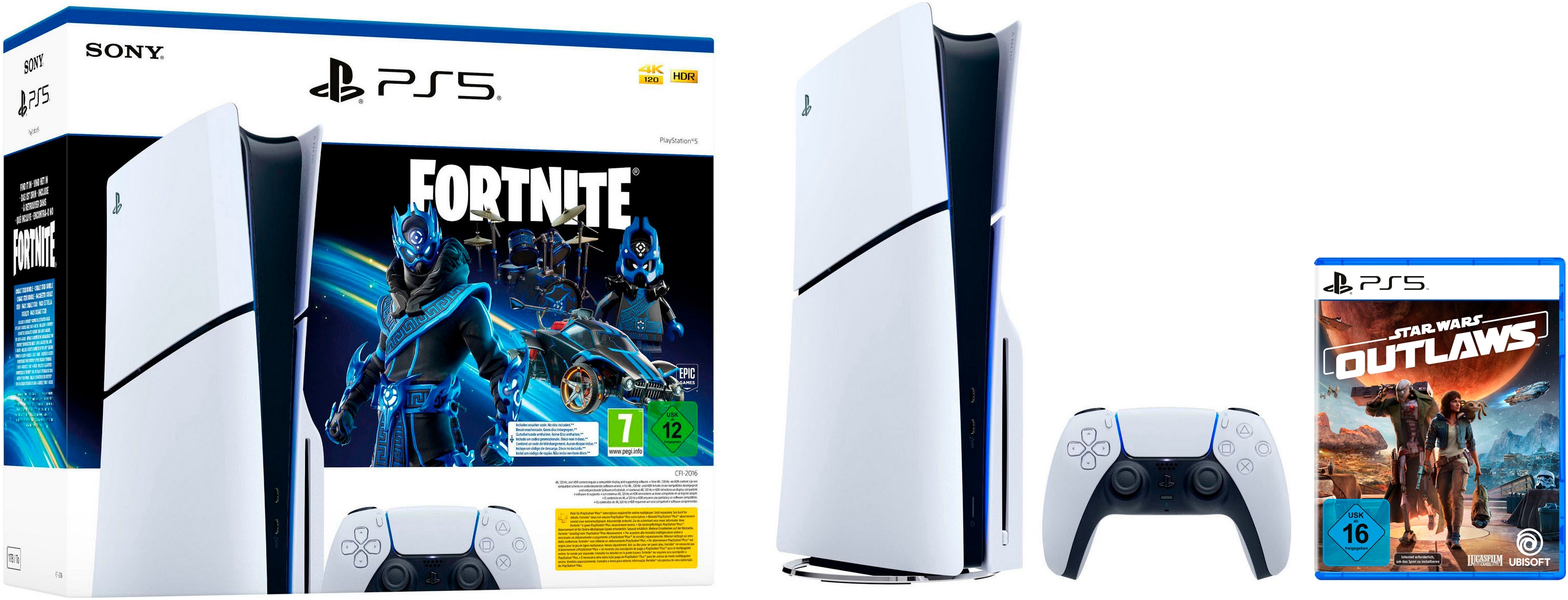 Playstation 5 Konsolen-Set »PS5 (Slim) Fortnite Cobalt Star + Star Wars Outlaws« 1.000 GB in schwarz-weiß