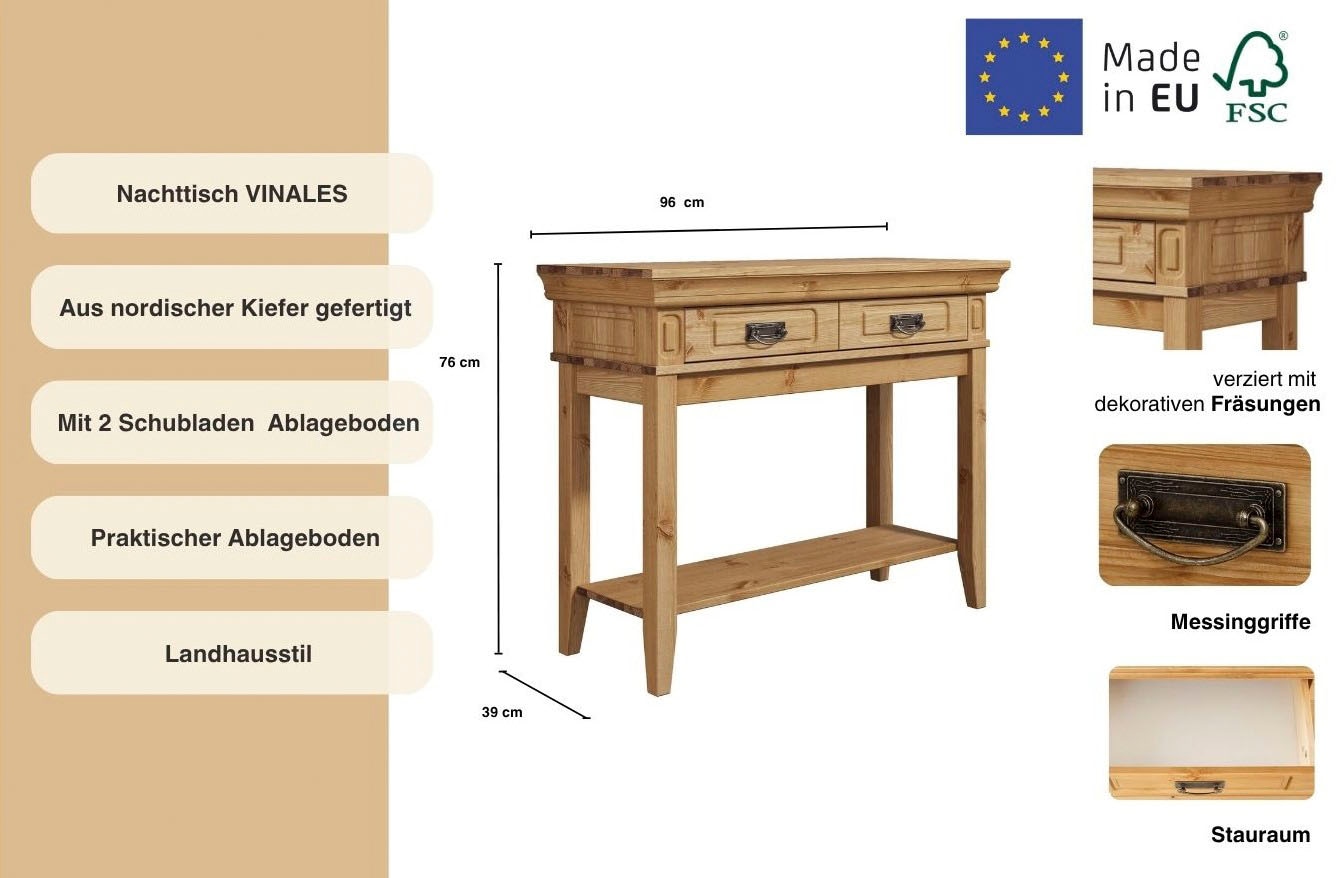 Home affaire Nachttisch »Vinales; Konsolentisch, Beistelltisch ideal für Boxspringbetten«, Aus massiver Kiefer, mit Fräsungen