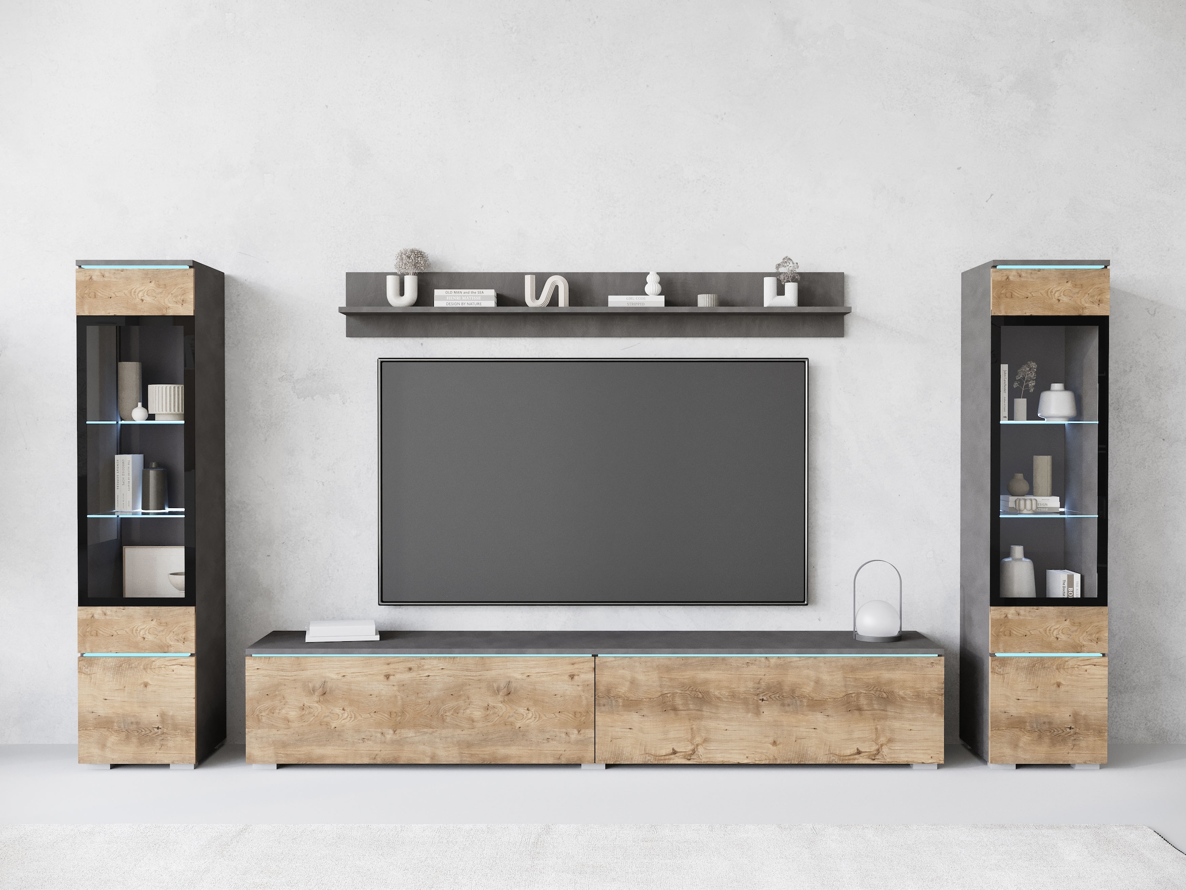 INOSIGN Wohnwand »VERA II, Vitrinen Türanschlag wechselbar«, (Komplett-Set, 4 St.), Mediawand 260 cm, Vitrine mit Verglasung, stehend und hängend