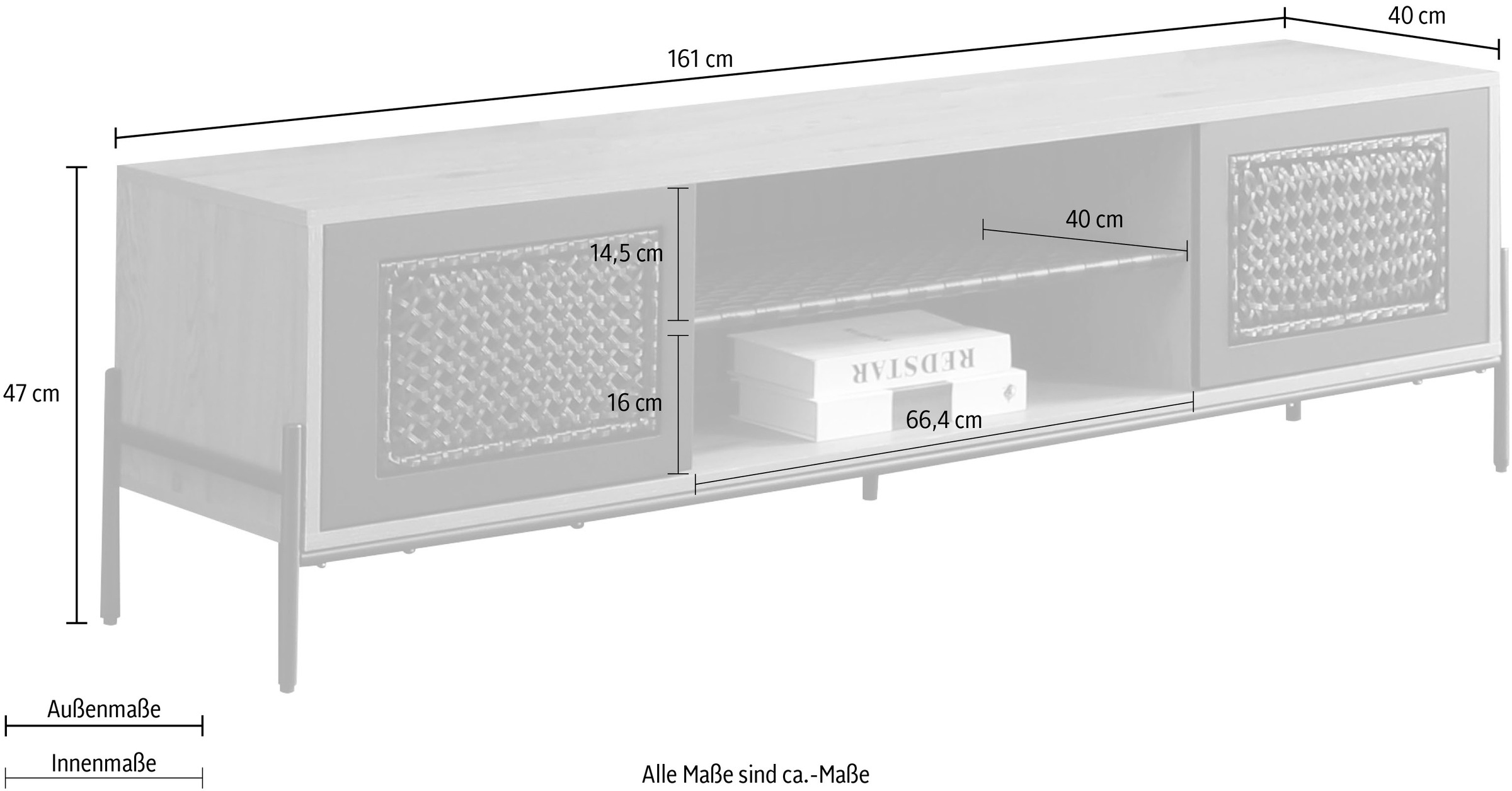 SalesFever Lowboard, Kommode mit mattschwarzem Einsatz aus Polyrattan, Fernsehtisch