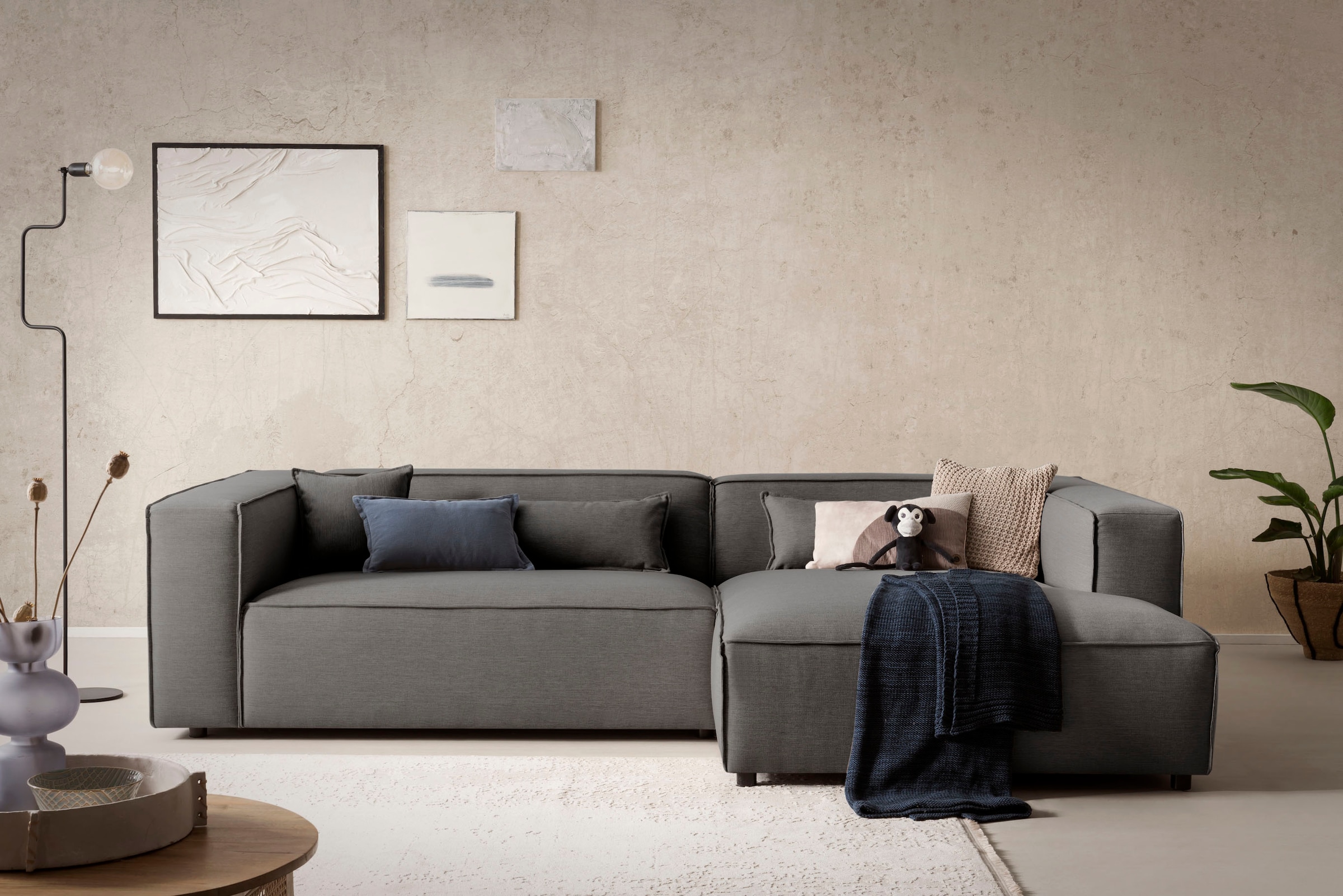 LeGer Home by Lena Gercke Ecksofa »PIARA XXL, Big-Sofa in Cord oder Leinenoptik, L-Form, mit Kedernaht«, wahlweise Ottomane rechts/links, schwarze Füße, extra tiefe Sitzfläche