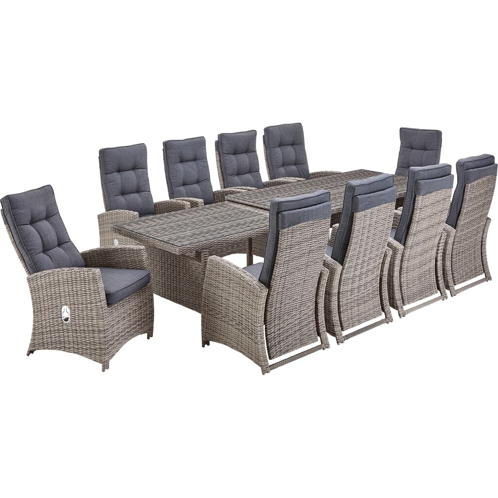 KONIFERA Garten-Essgruppe »Monaco«, (Set, 31 tlg., 10x Sessel, 1xTisch 200-366x100x75,5cm, inkl. Auflagen, Polyrattan,Alu)