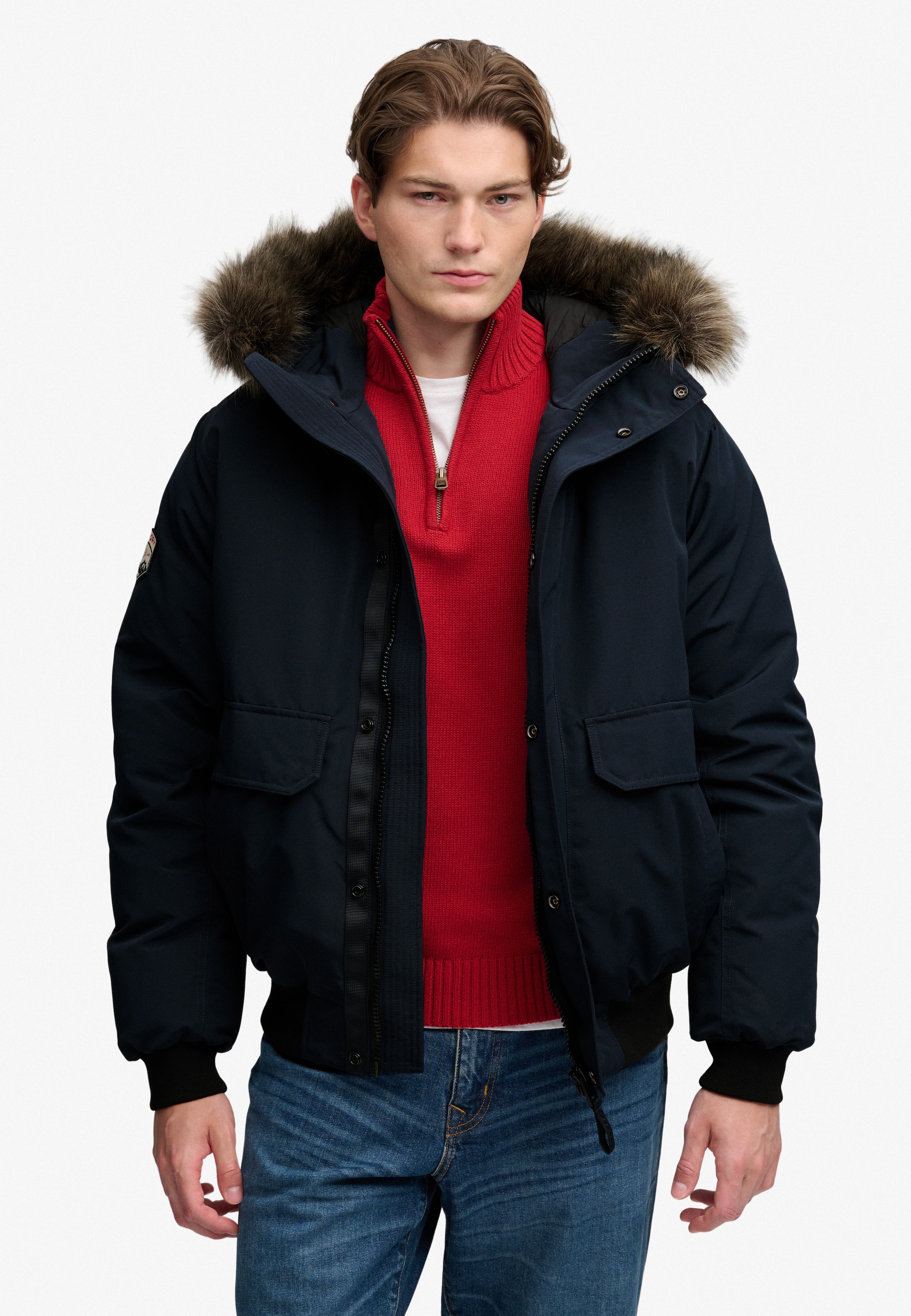 Superdry Bomberjacke »FAUX FUR EVEREST BOMBER JACKET« mit Kapuze Kunstfaser, relaxed fit