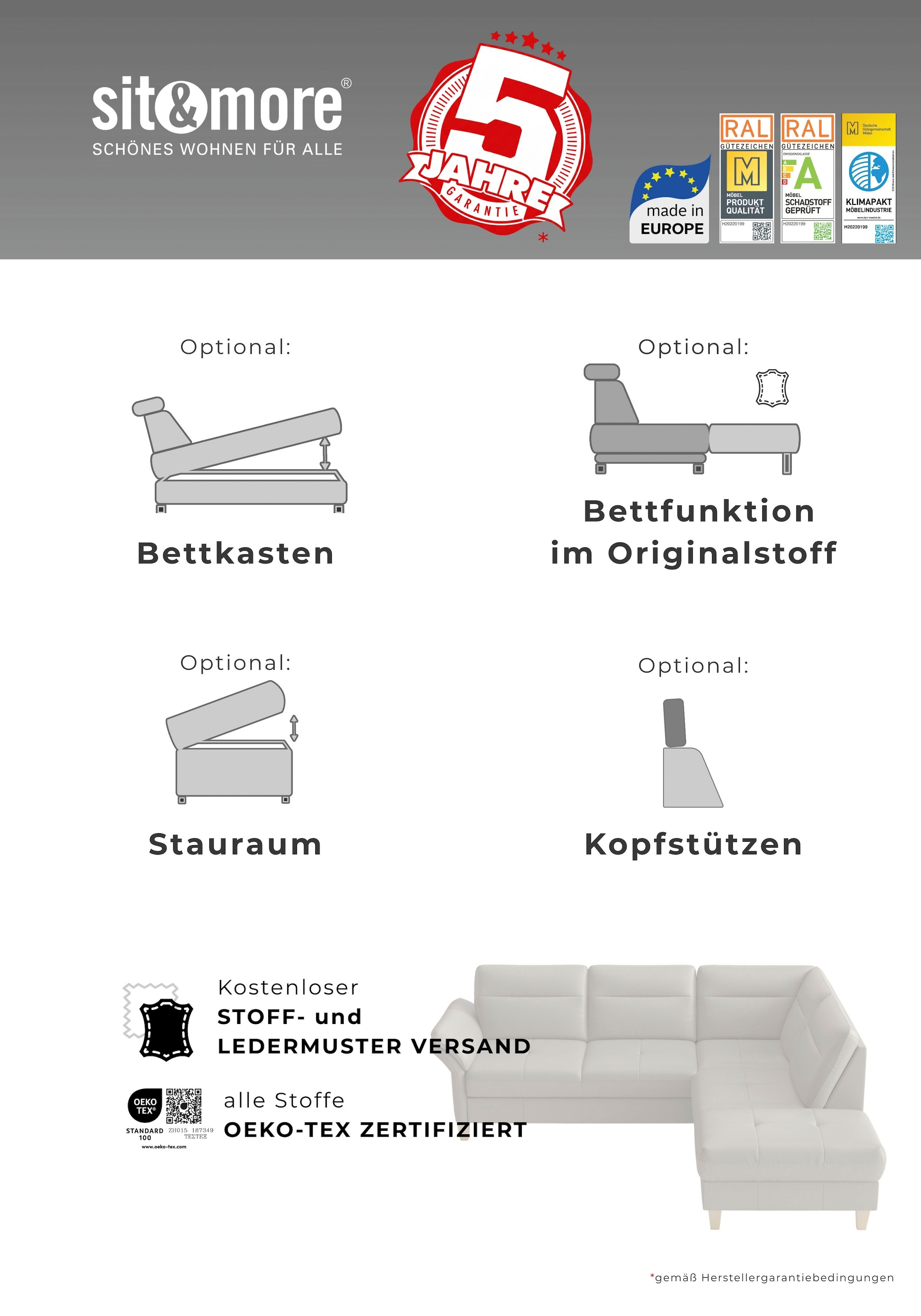 sit&more Ecksofa »Pamela L-Form, B:230 cm, Leder, Recamiere links o. rechts« wahlweise mit Armteilverstellung, optional Schlaffunktion & Bettkasten