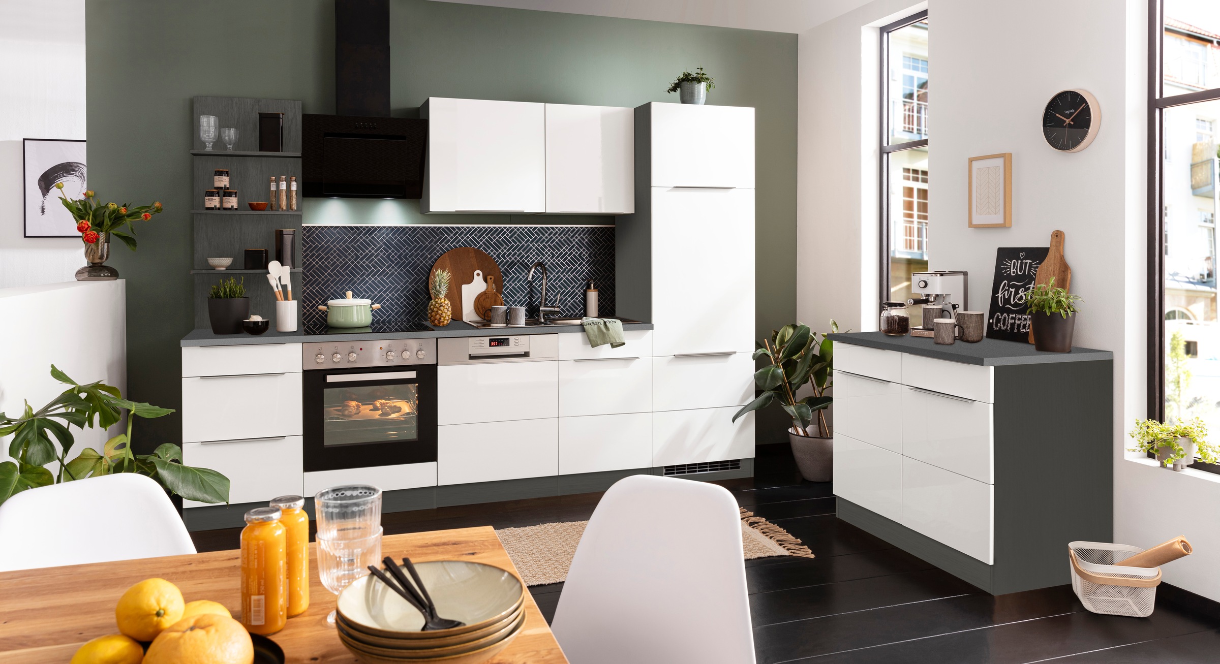 KOCHSTATION Küchenzeile »KS-Brindisi«, Breite 280 cm, wahlweise mit E-Geräten, mit MDF-Fronten und Regal