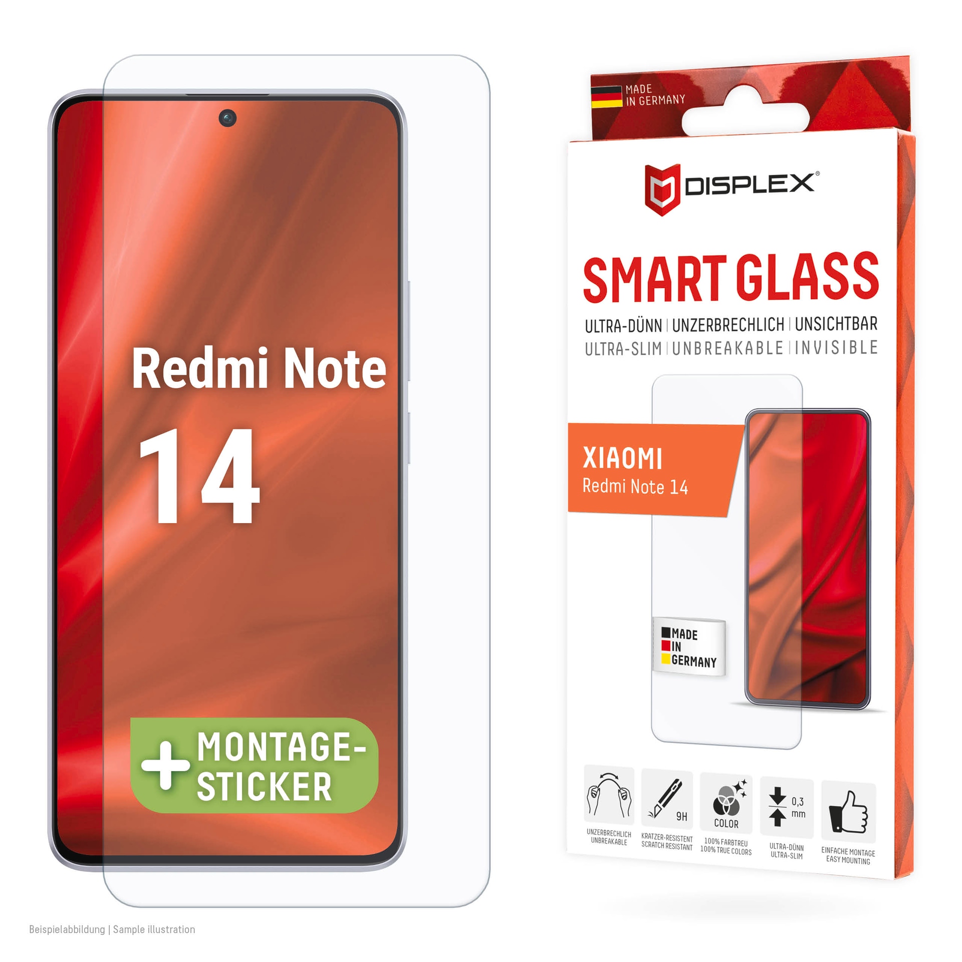 Displex Displayschutzglas »Smart Glass Screen Protection - ultra-dünn, unzerbrechlich, unsichtbar«, für Xiaomi Redmi Note 14, Displayschutzfolie, Schutzfolie, Bildschirmschutz, kratz- & stoßfest