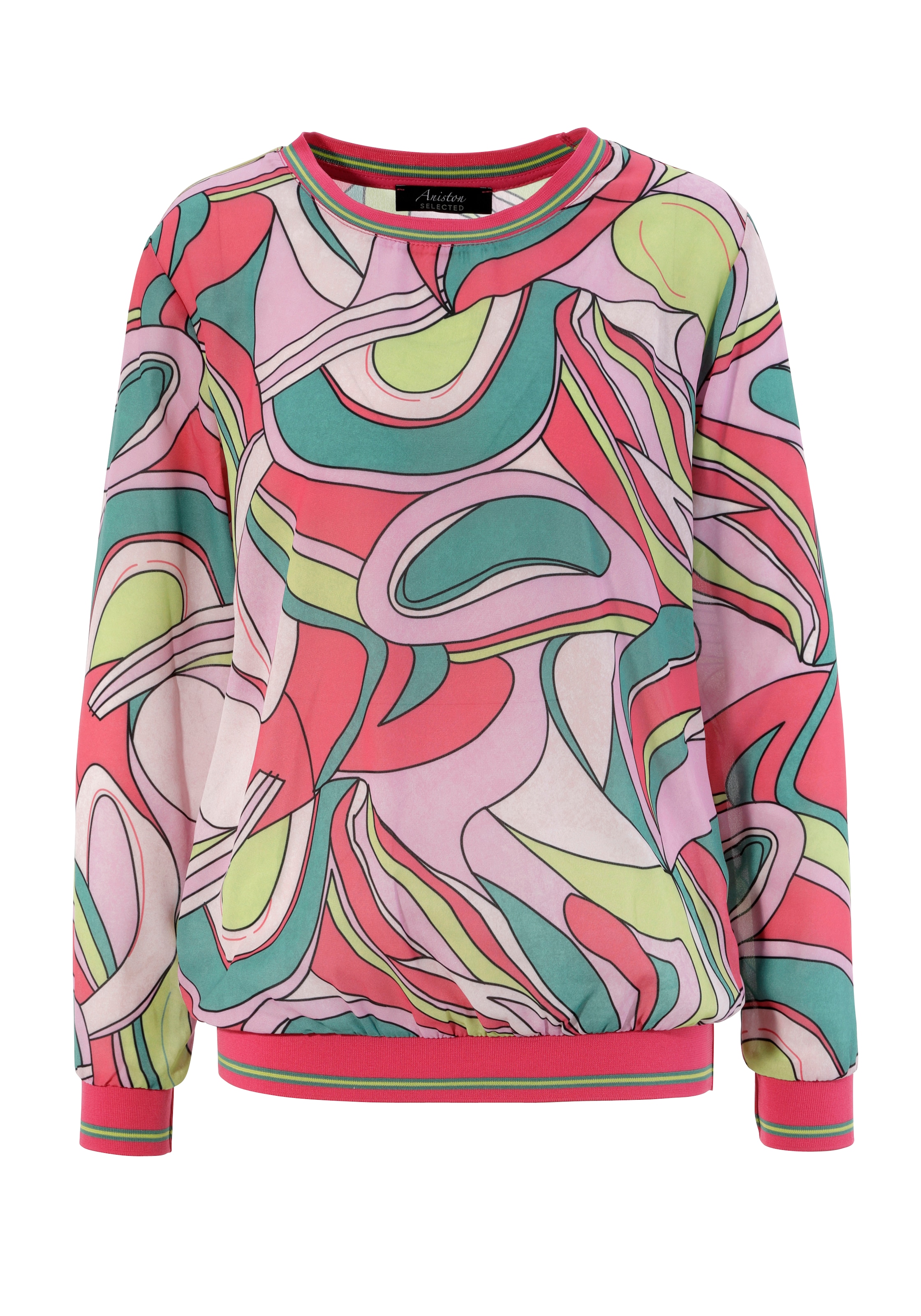 Aniston SELECTED Shirtbluse, gestreiften Allover-Muster OTTO Shop und Rippbündchen Online kaufen mit im
