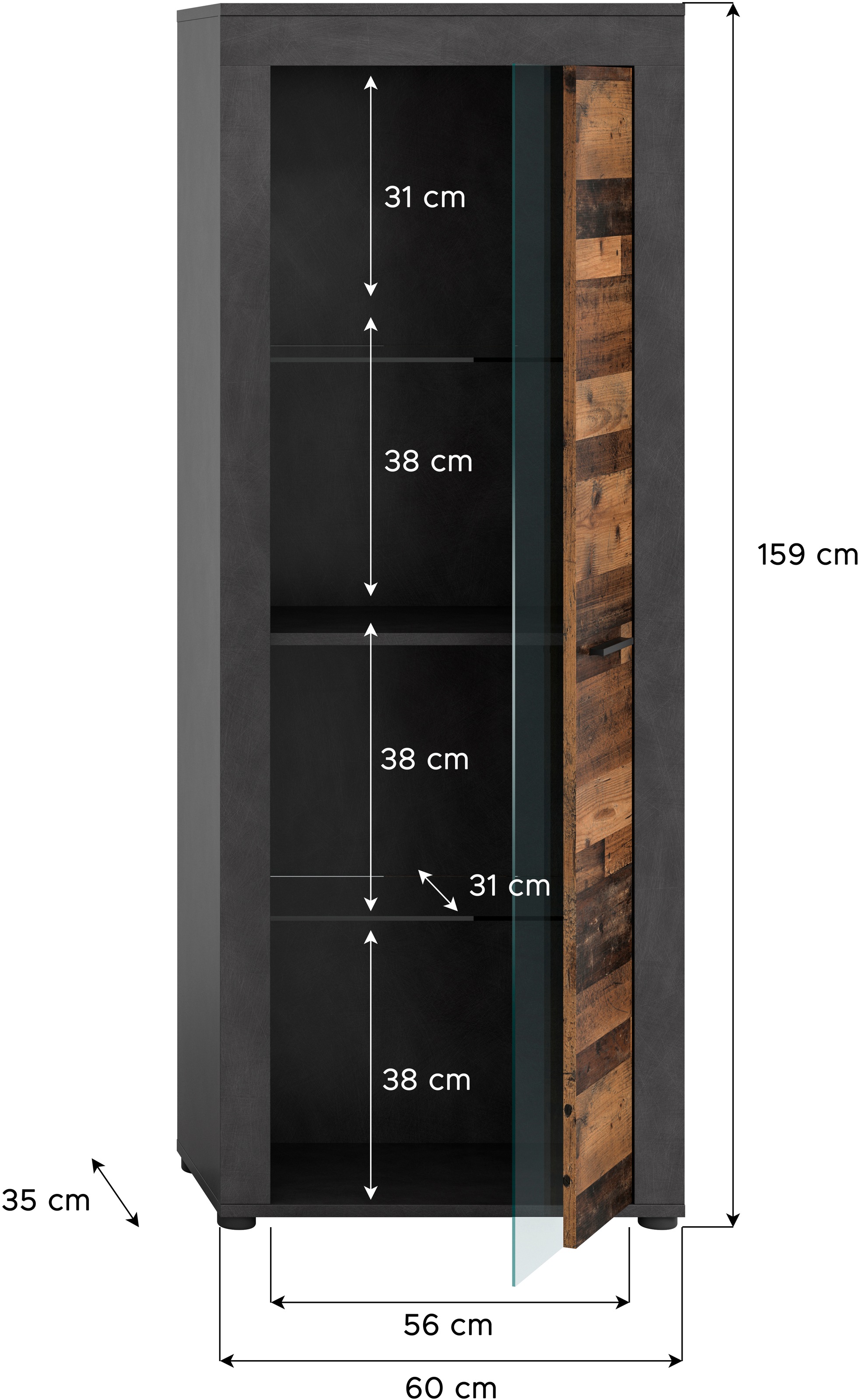 INOSIGN Standvitrine »Aosta, Höhe 159 cm, in verschiedenen Farbausführungen«, 1 Tür, 3 Einlegeböden, 4 Fächer, Wohnzimmer, Vitrine, Glasvitrine