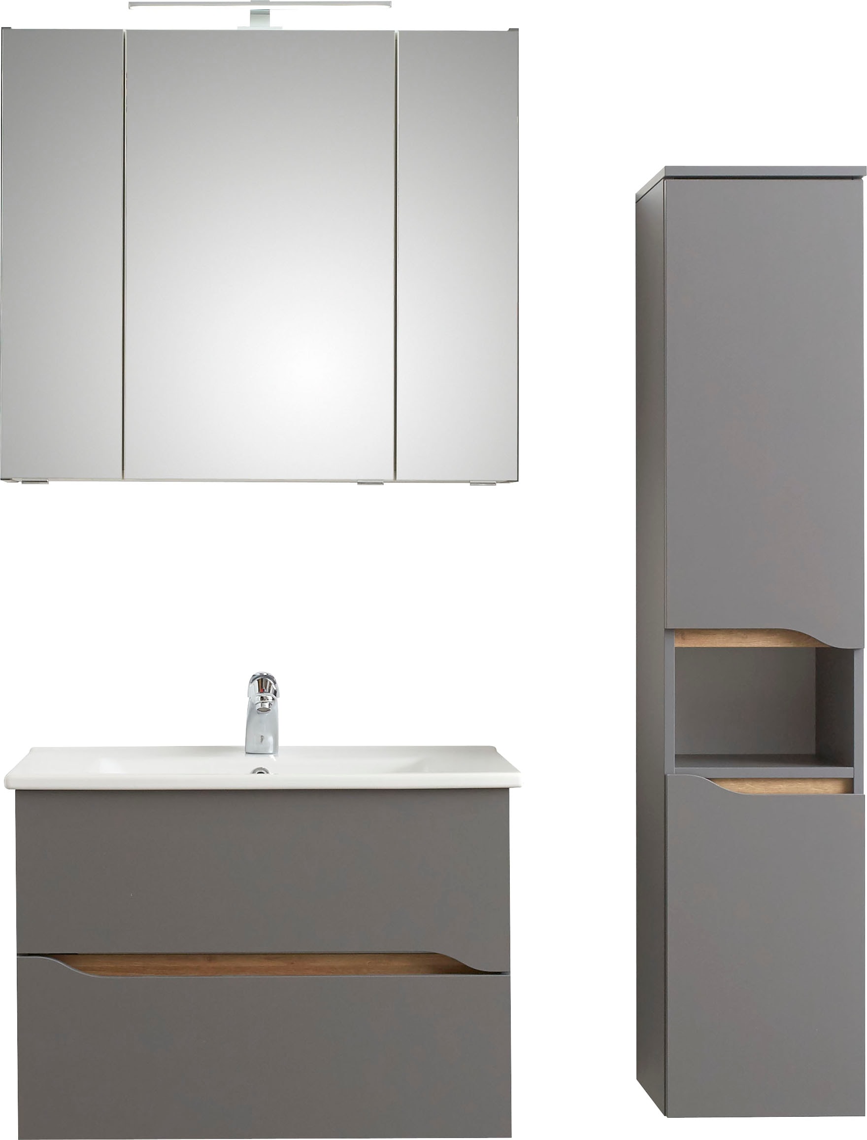 Saphir Badmöbel-Set »Quickset 3-teilig, Keramikwaschtisch mit LED-Spiegelschrank«, (3 St.), Midischrank, inkl. Türdämpfer, 2 Schubladen, 5 Türen, 8 Einlegeböden