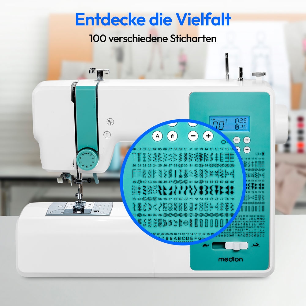 Medion® Computer-Nähmaschine »MD 11881, 270 Stichmuster, 1-Schritt Knopfloch,«, 8 Programme, Doppelnadelfunktion, Automatischer Einfädler, Geschwindigkeitsregler