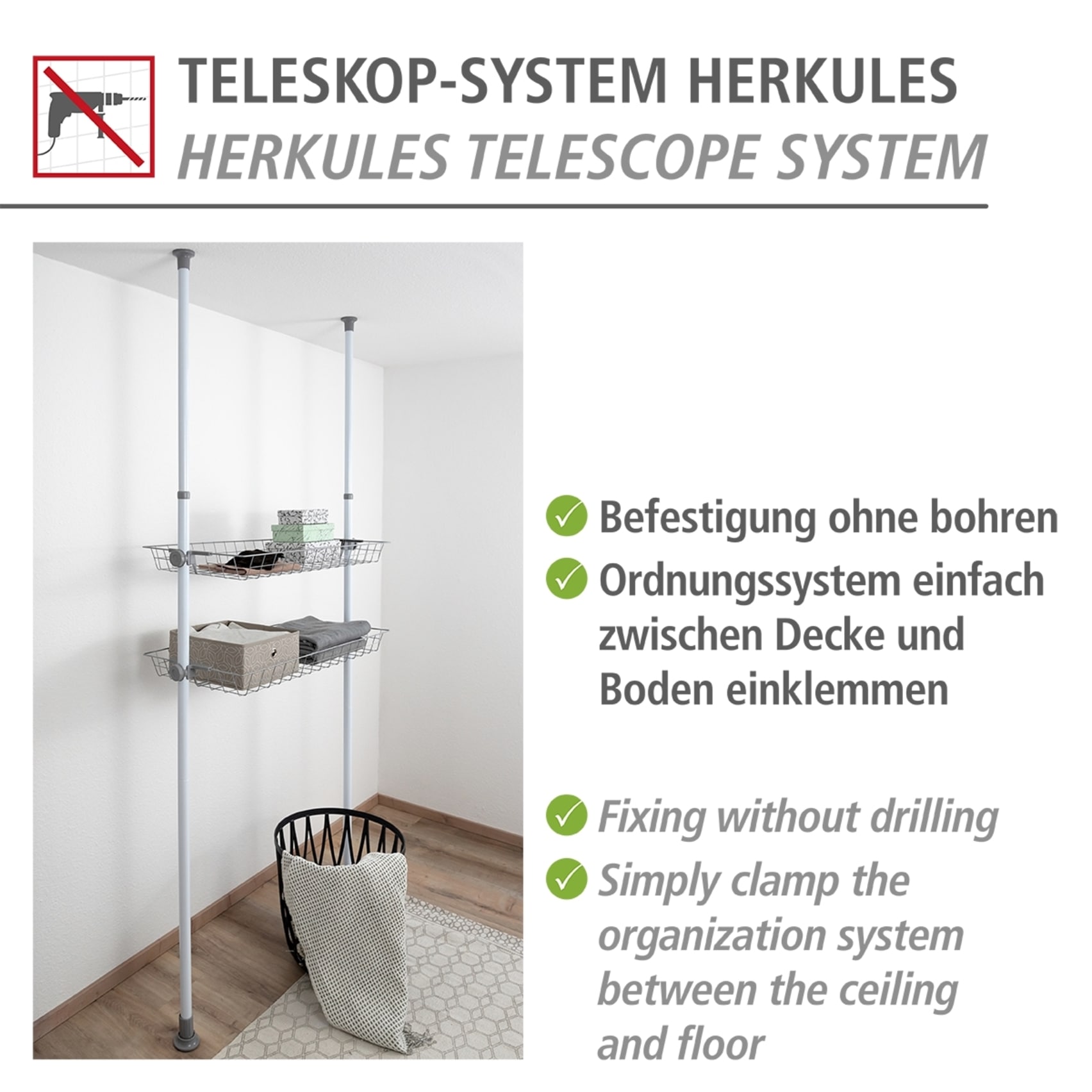 WENKO Organizer »Modell Herkules«, (Set, 2 St.), Drahtkörbe aus Stahl, Erweiterung zum Teleskop-System Herkules