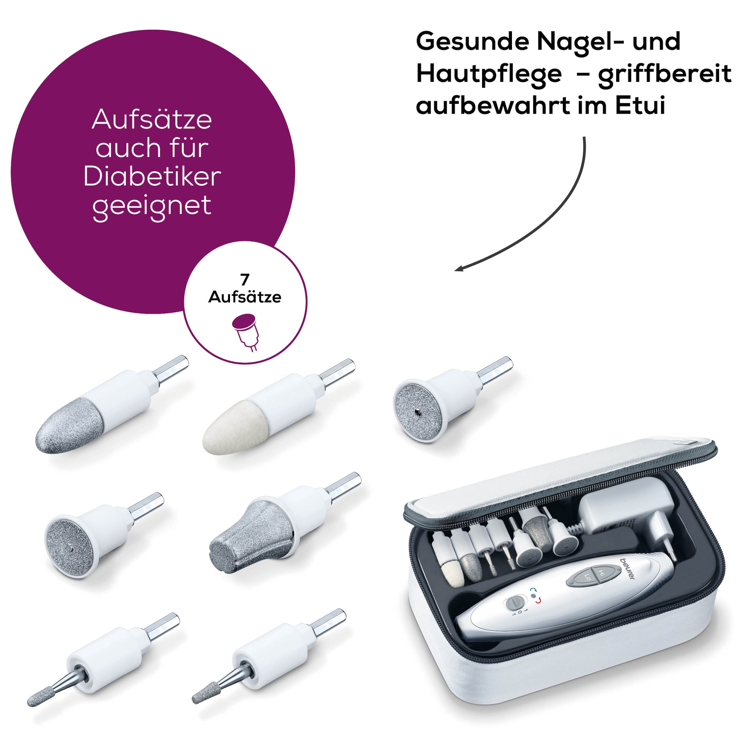 BEURER Maniküre-Pediküre-Set »MP 41 elektrische Nagelfeile, für gepflegte Hände und Füße zuhause«, Inkl. 7 Aufsätze aus Saphir und Filz, mit LED-Licht und Etui