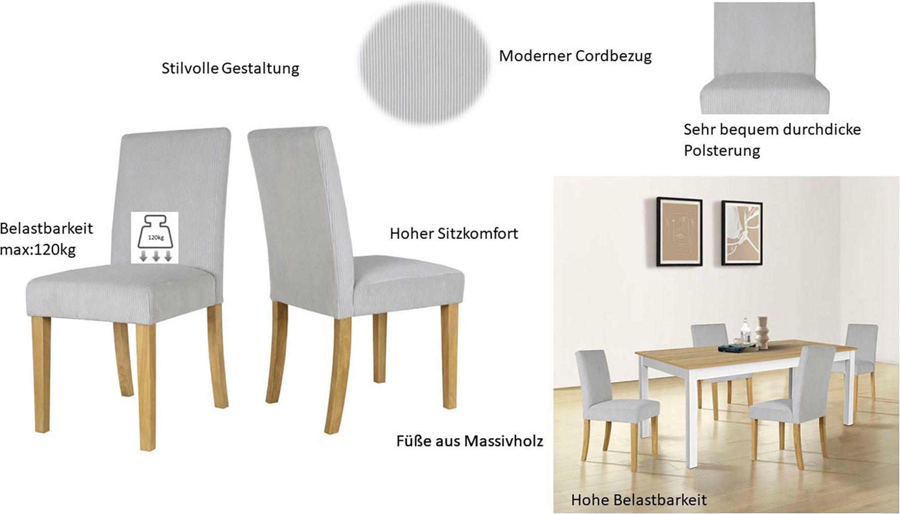 Home affaire Esszimmerstuhl »Winikon, TOPSELLER!«, (Set), 2 St., Cord, Massivholzgestell, moderner Cordbezug, bequem gepolstert