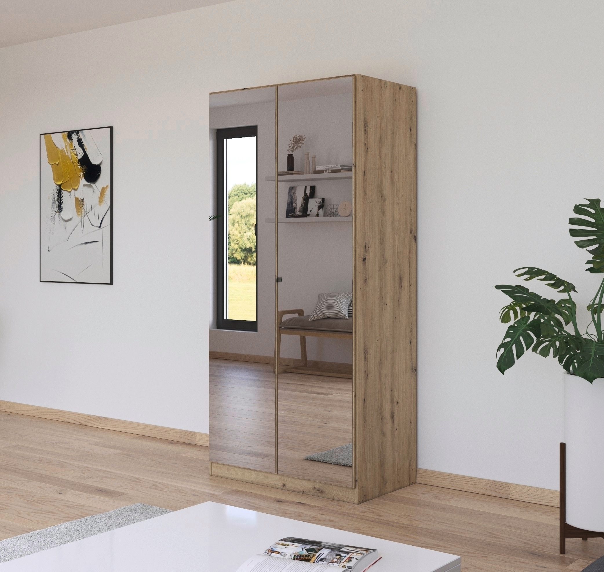 rauch Drehtürenschrank »Reflect« mit Spiegelfront, inkl. praktischer Inneneinteilung und Stoffboxen-Set