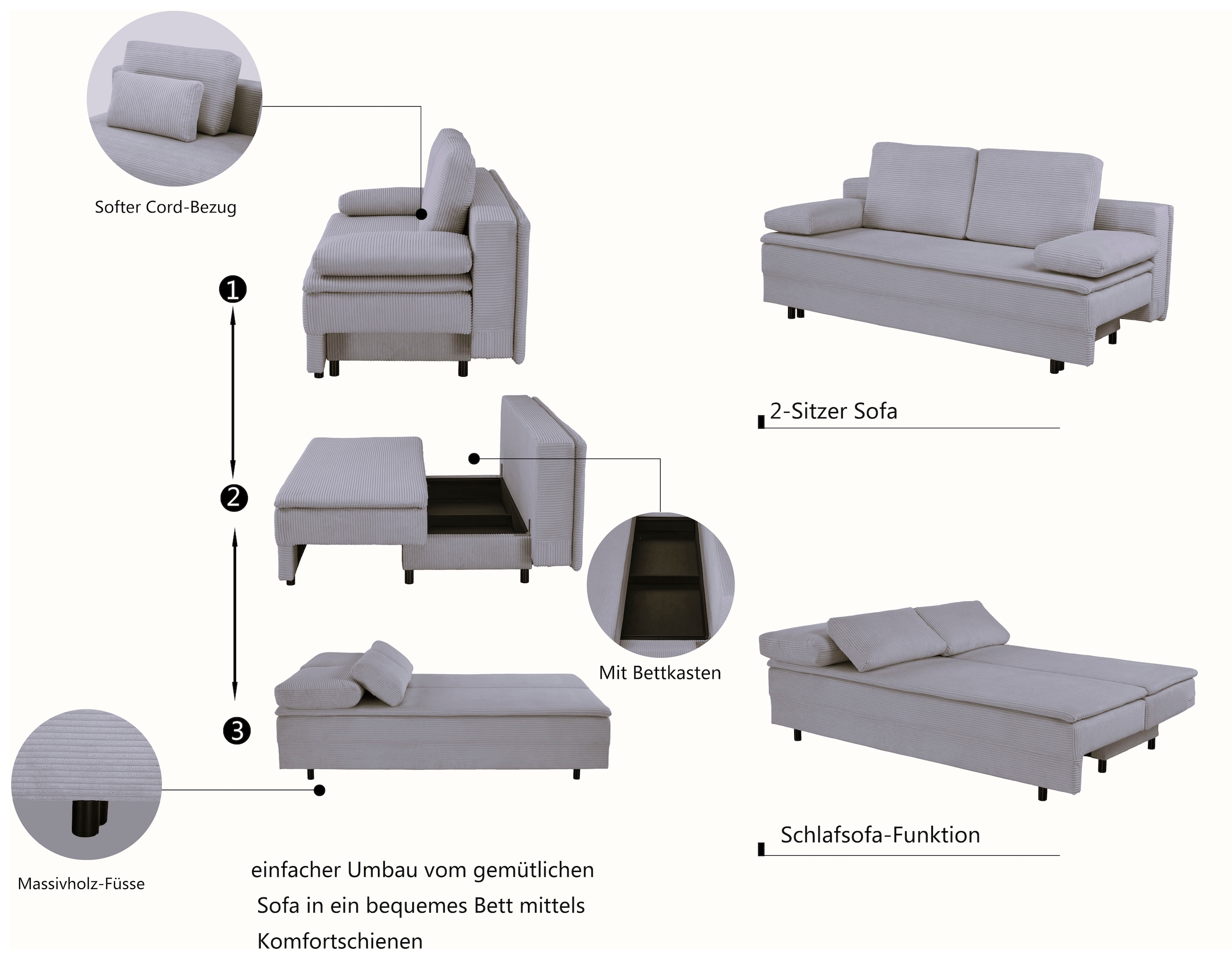 OTTO home Schlafsofa »JANNIKO Feinstruktur, Breite: 193 cm, Liegefläche 124x193 cm« mit Bettfunktion & Bettkasten, Matten-Polsterung