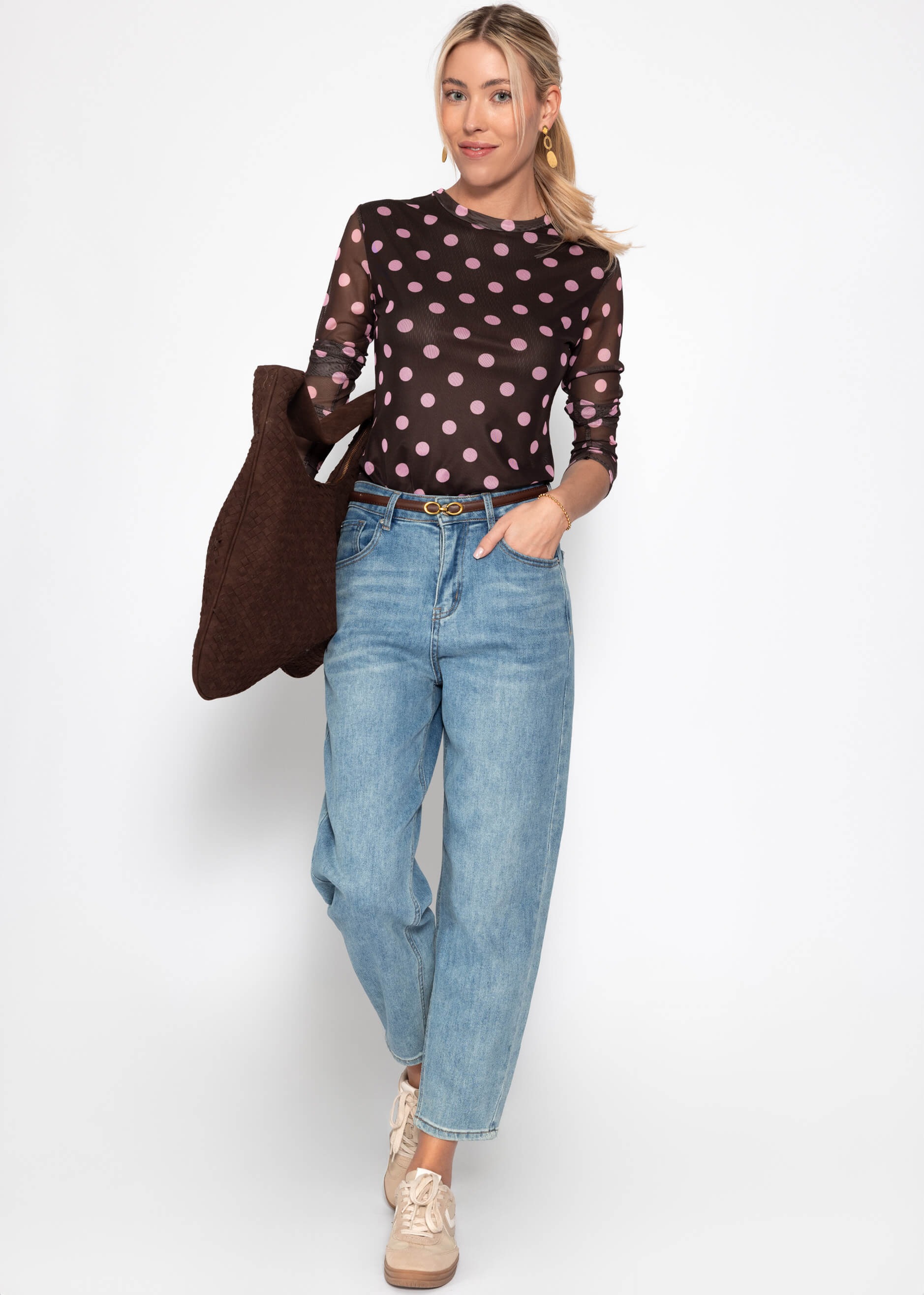 SASSYCLASSY Langarmshirt »Mesh Langarmshirt mit großen Punkten« Leichtes Shirt mit gefütterter Vorderseite und Rundhalsausschnitt