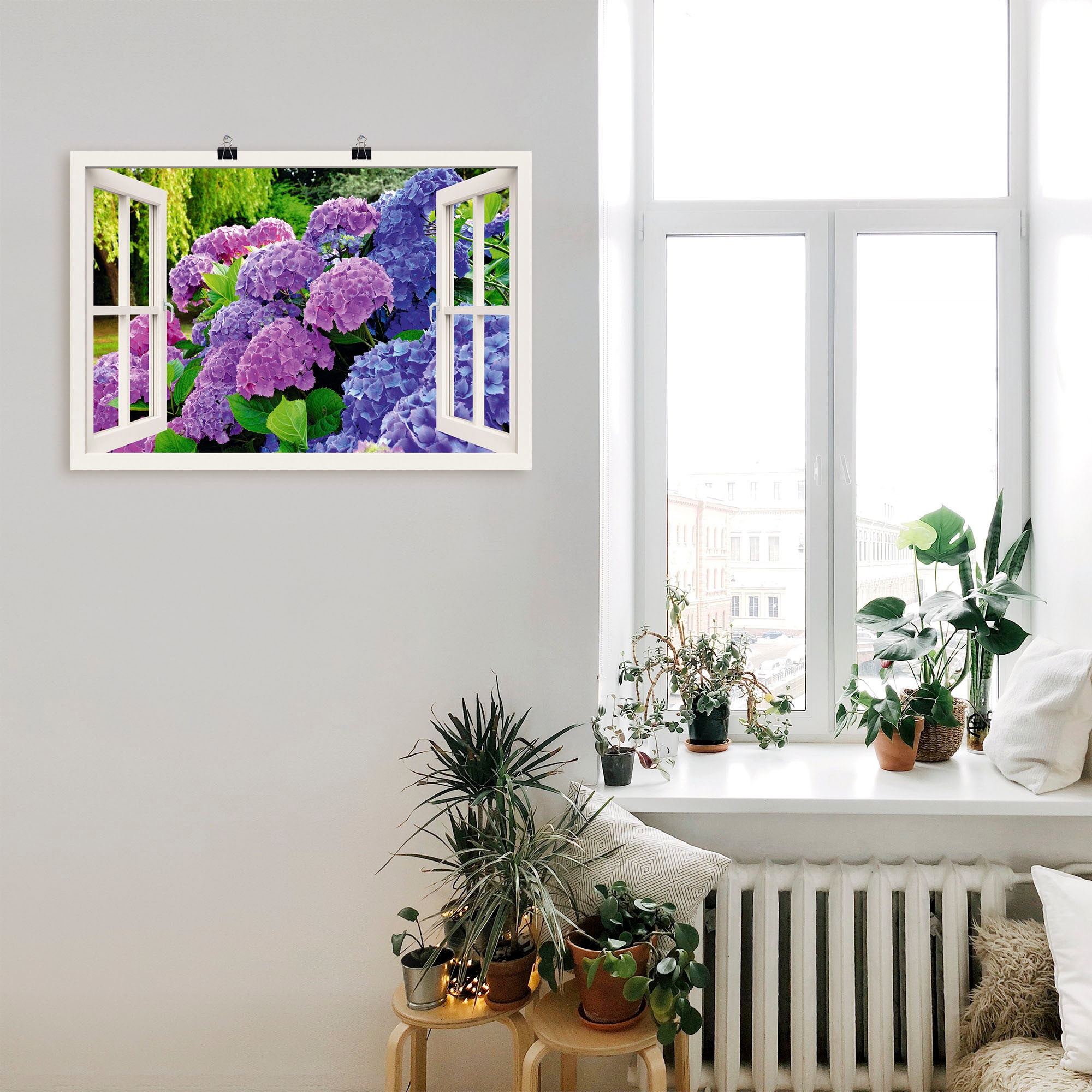 Artland Wandbild »Fensterblick Hortensien im Garten«, Blumen, (1 St.), als Leinwandbild, Poster in verschied. Größen