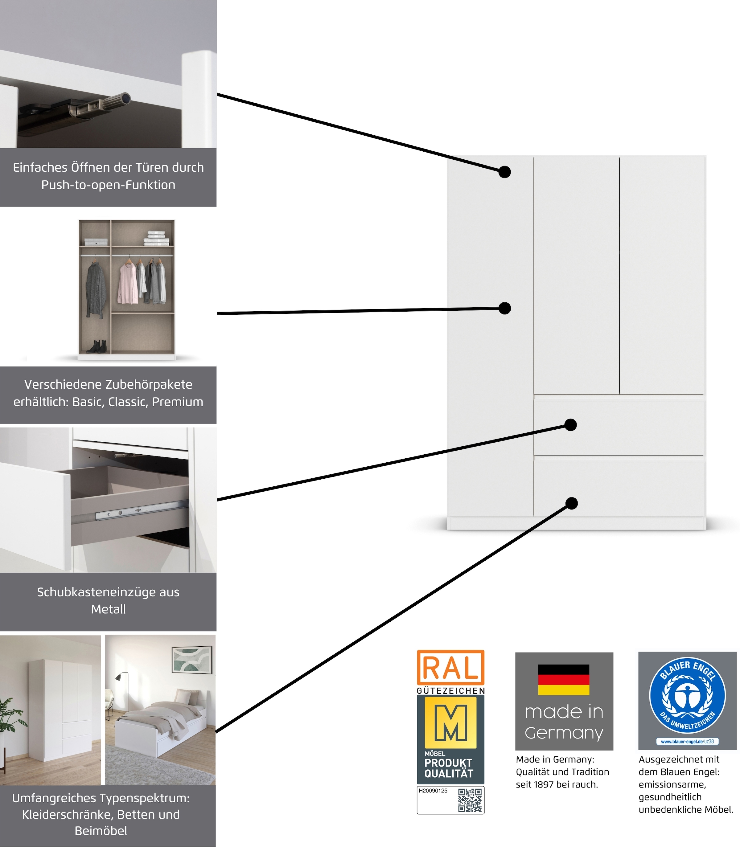rauch Jugendzimmer-Set »Komplettzimmer Schlafzimmer-Set (5-St.) Jugendzimmer-Set JOEL« Set, Bett 90x200 oder 140x200 cm, Ausstattungspakete BASIC/CLASSIC/PREMIUM, 5 Stk. tlg.
