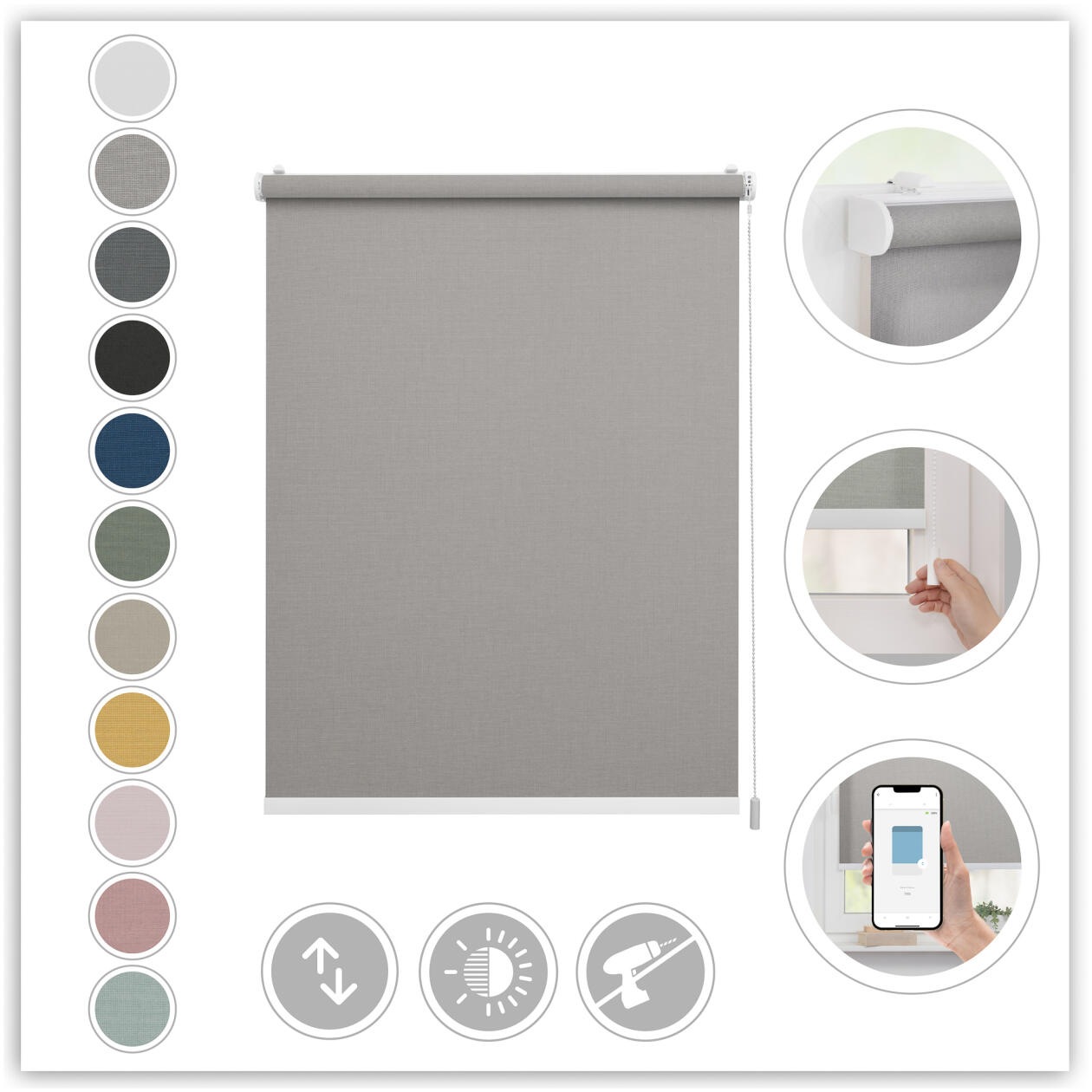 LICHTBLICK ORIGINAL Rollo »Klemmfix, ohne Bohren« blickdicht Blendschutz | Sichtschutz mit Bohren/ohne Bohren freihängend Steuerbar mit Bluetooth-App, integrierter Elektromotor und Akku