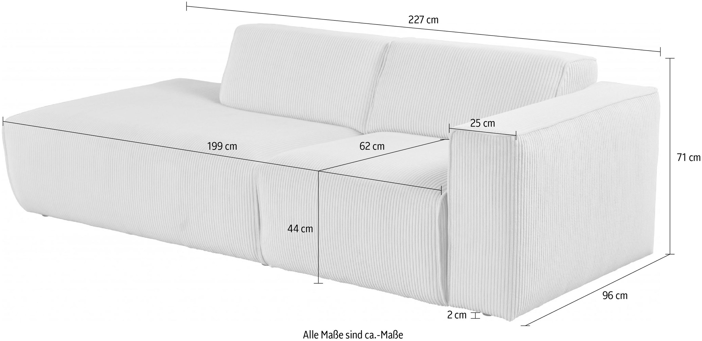andas 2-Sitzer »Noord, 227cm,«, mit Kedernaht, Cord, Luxus-Microfaser, Struktur, Struktur grob
