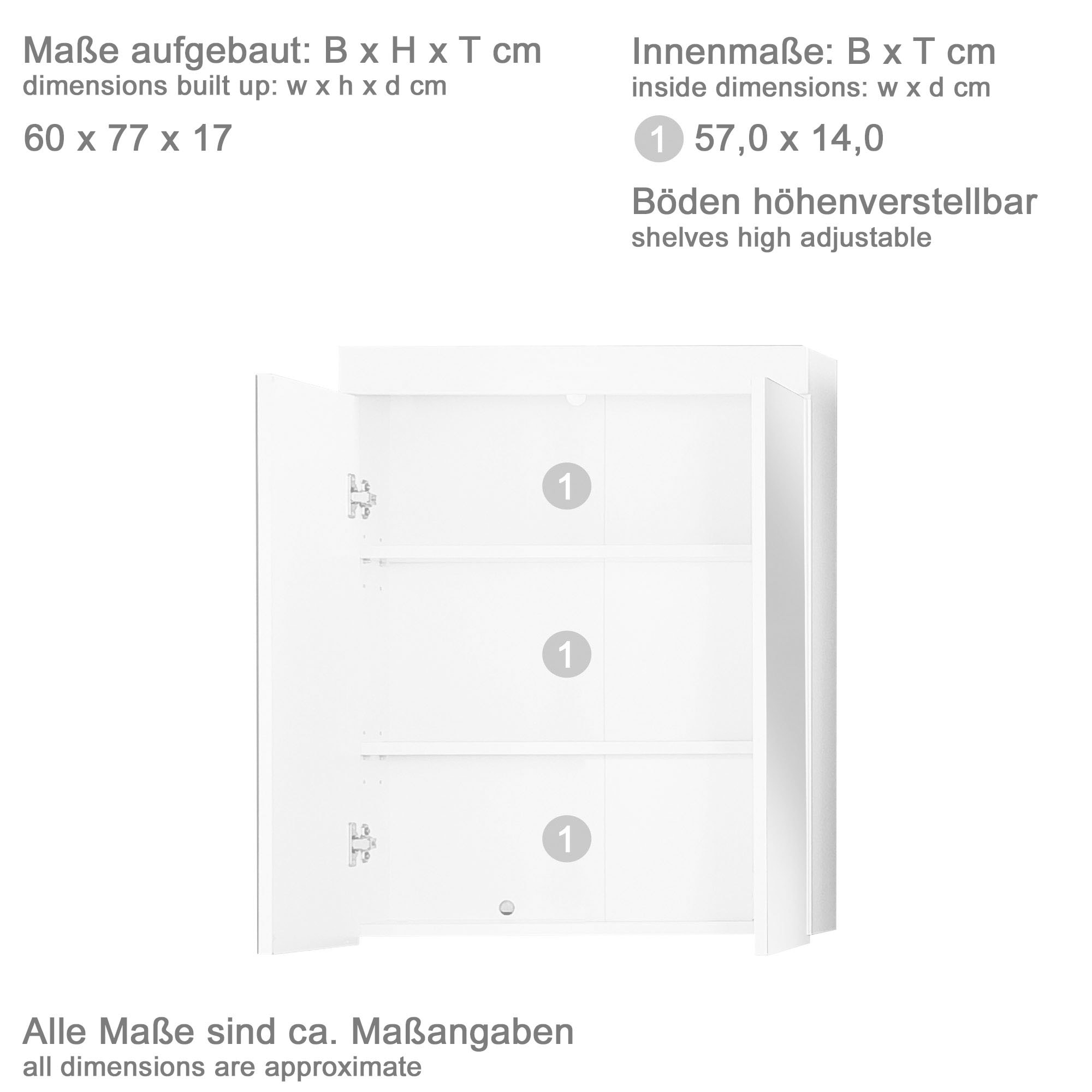 welltime Spiegelschrank »Avena«, Badezimmerschrank wahlweise mit Aufsatzleuchte - (B/T/H) 60/17/77 cm