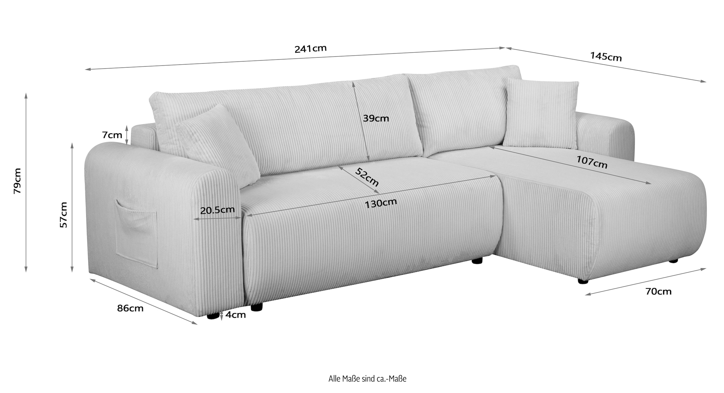 OTTO home Ecksofa »JONAA, 241cm, L-Form, Schlafsofa, Boxspringfederung, Cord u. Struktur« 133/200cm, Recamiere links/rechts, Bettkasten, Cord u. Struktur