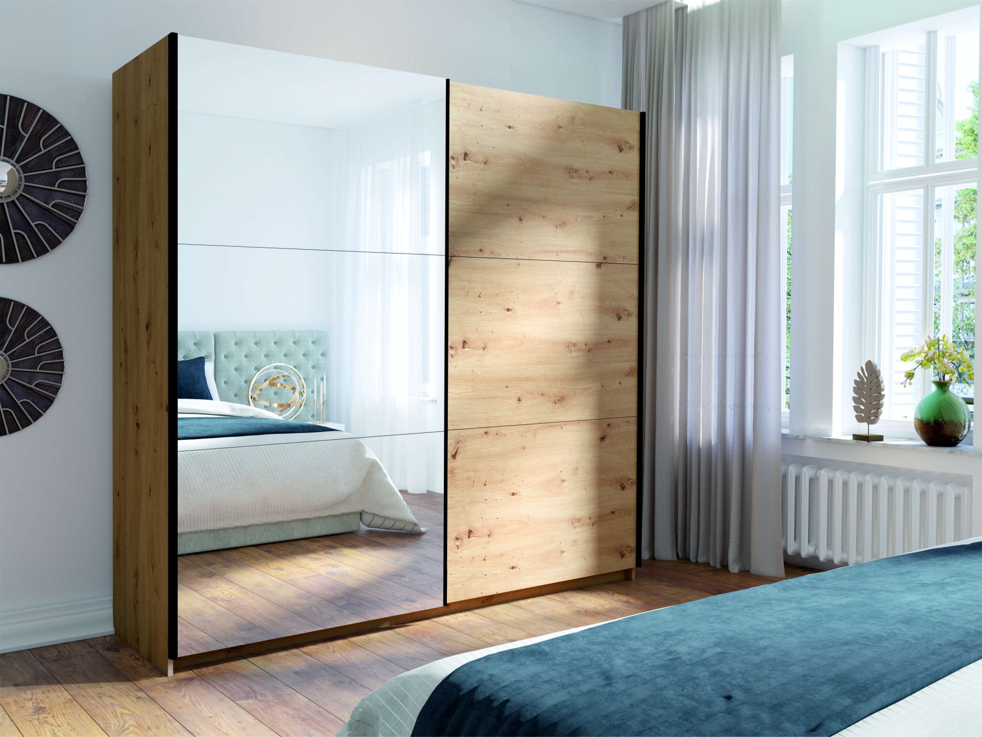 INOSIGN Kleiderschrank »Kleiderschrank Fresno mit 5 Einlegeböden, Spiegel und Kleiderstange«, Garderobe mit 2 Schwebetüren, B/H/T 200/207/62 cm