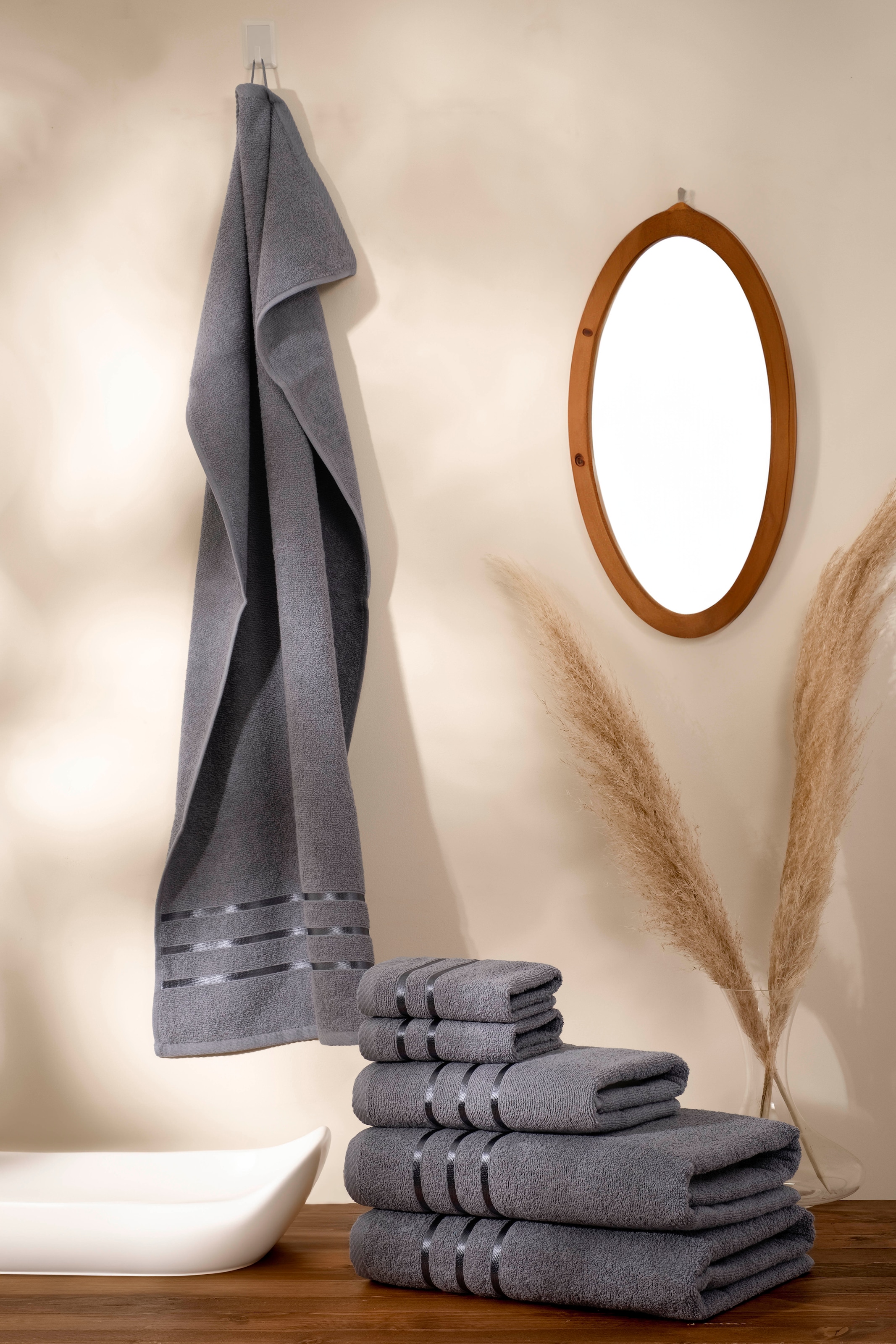 Bruno Banani Handtuch Set »Clement, Duschtücher, Handtücher, Seiftücher«, Set, 6 tlg., Frottier, mit dezent glänzender Streifenbordüre, einfarbig, aus 100% Baumwolle