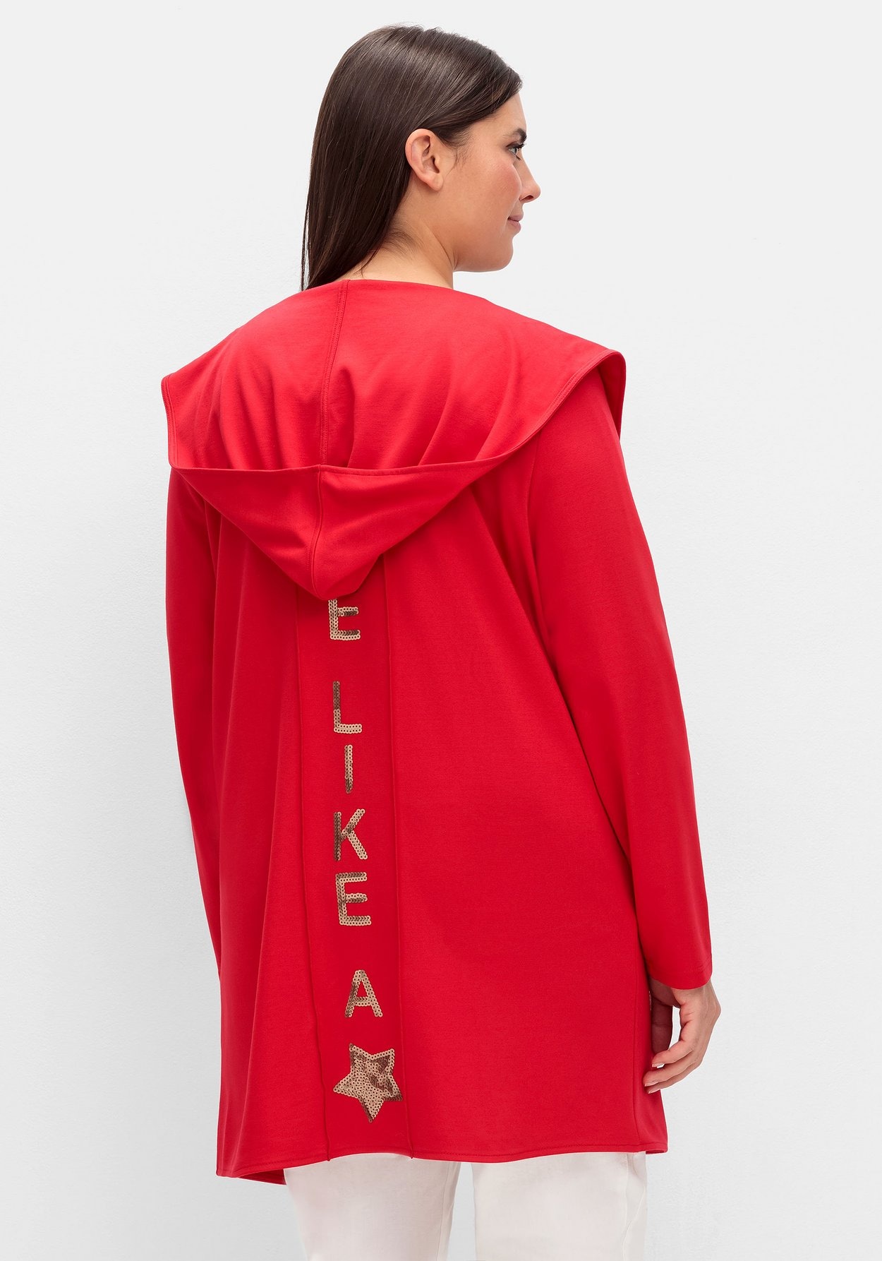 Sheego Longstrickjacke »Lange Shirtjacke mit Pailletten-Print im Rücken«
