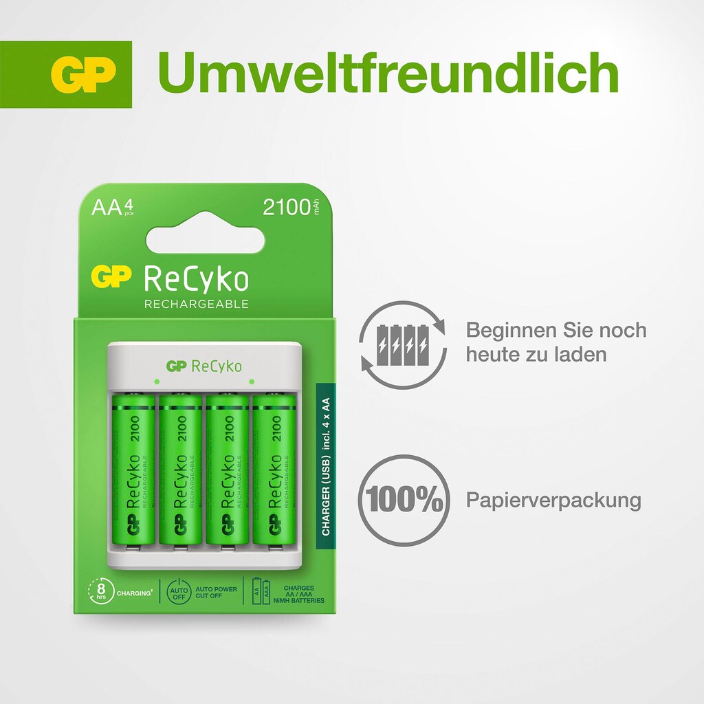 GP Batteries Batterie-Ladegerät »ReCyko E411 mit 4 x AA 2100 mAh NiMH-Batterien«