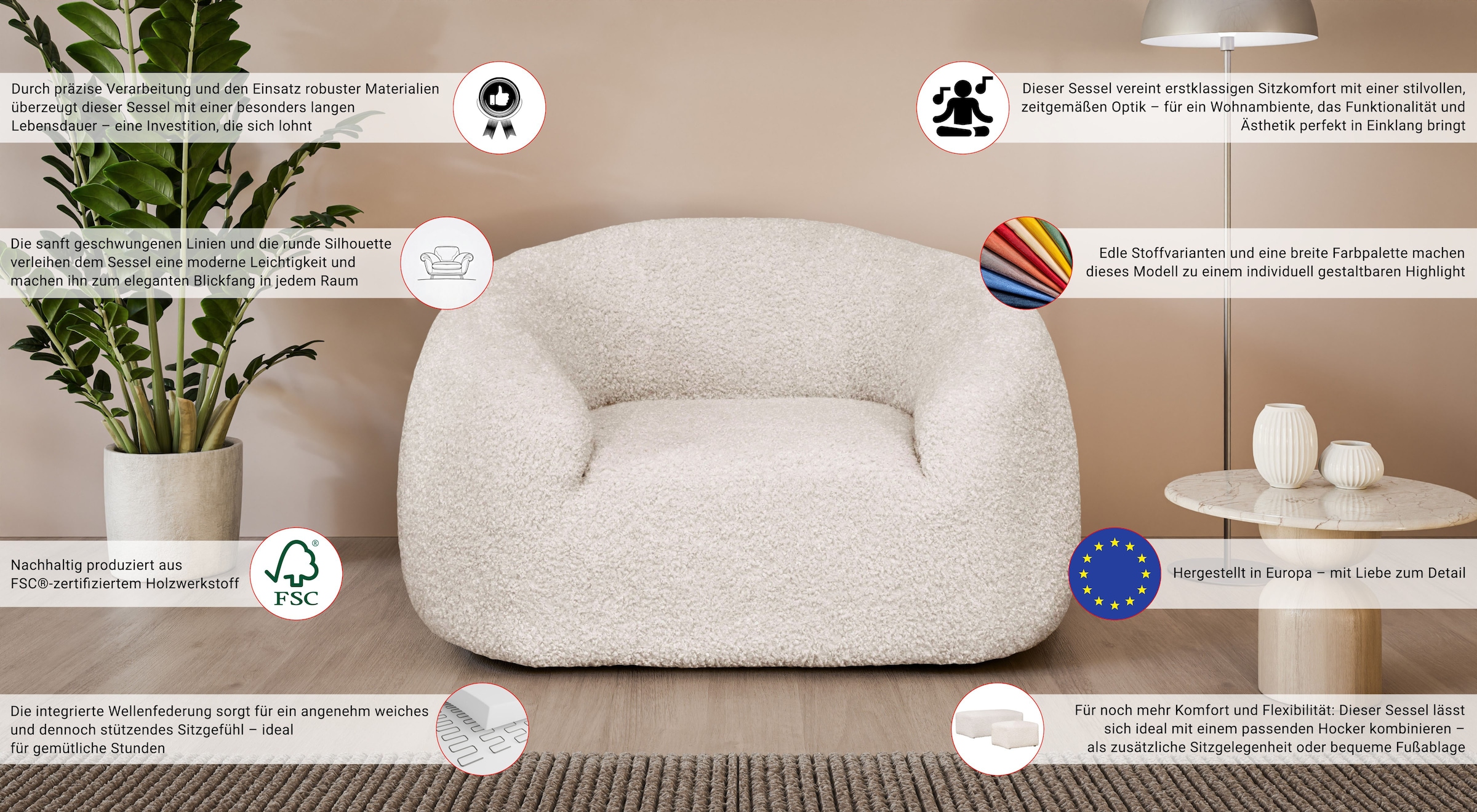 LeGer Home by Lena Gercke Sessel »YANI Relaxsessel, Loungesessel, Maße B/T/H: 127/96/76 cm« organische Form, mit Wellenunterfederung, auch in Bouclé