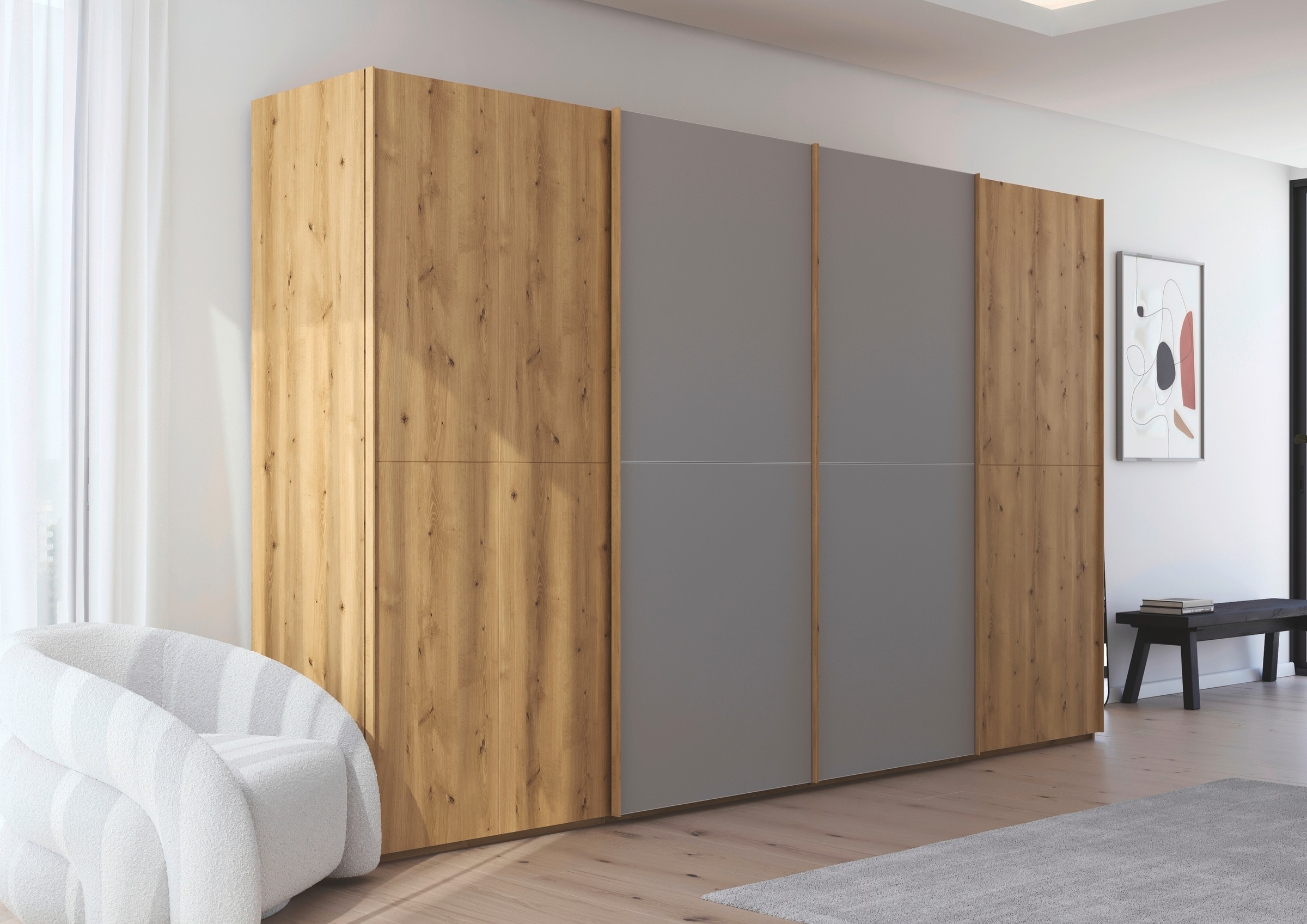 rauch Schwebetürenschrank »Kleiderschrank Schrank Garderobe Schlafzimmerschrank SCALE-WOOD«, edle geteilte Front in massiver Asteiche mit Glastüren MADE IN GERMANY