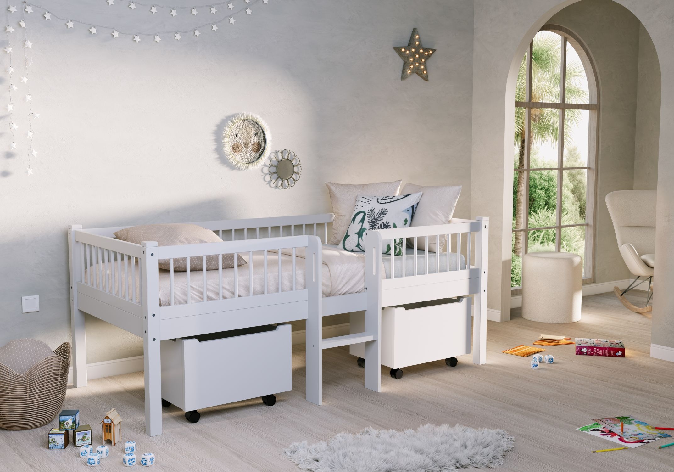 Vipack Massivholzbett »Forrest Made in Europe, stabil und hochwertig gebaut, mit 2 Rollboxen« 90/200 cm, mit Rollrost und Leiter, seitenverkehrt montierbar,  inkl. umlaufenden Absturzschutz in Sprossenoptik, Buche weiß lackiert