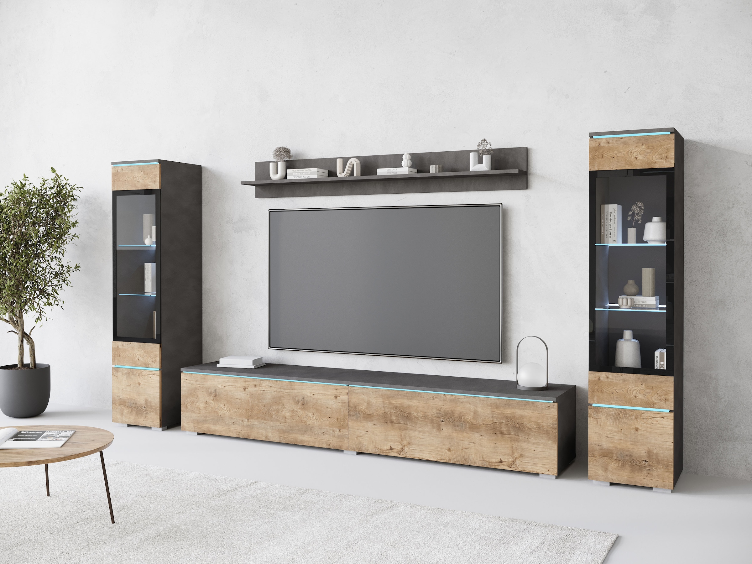 INOSIGN Wohnwand »VERA II, Vitrinen Türanschlag wechselbar«, (Komplett-Set, 4 St.), Mediawand 260 cm, Vitrine mit Verglasung, stehend und hängend