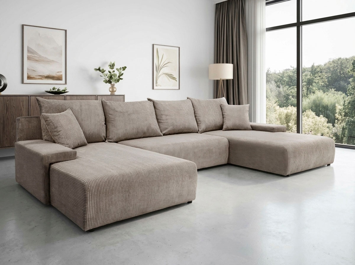 WERK2 Wohnlandschaft »Amalfi 348 x 188 cm modern & bequem, viel Platz mit Bett & Bettkasten« Cord, U-Form, XXL, Schlaffunktion, Bettkasten