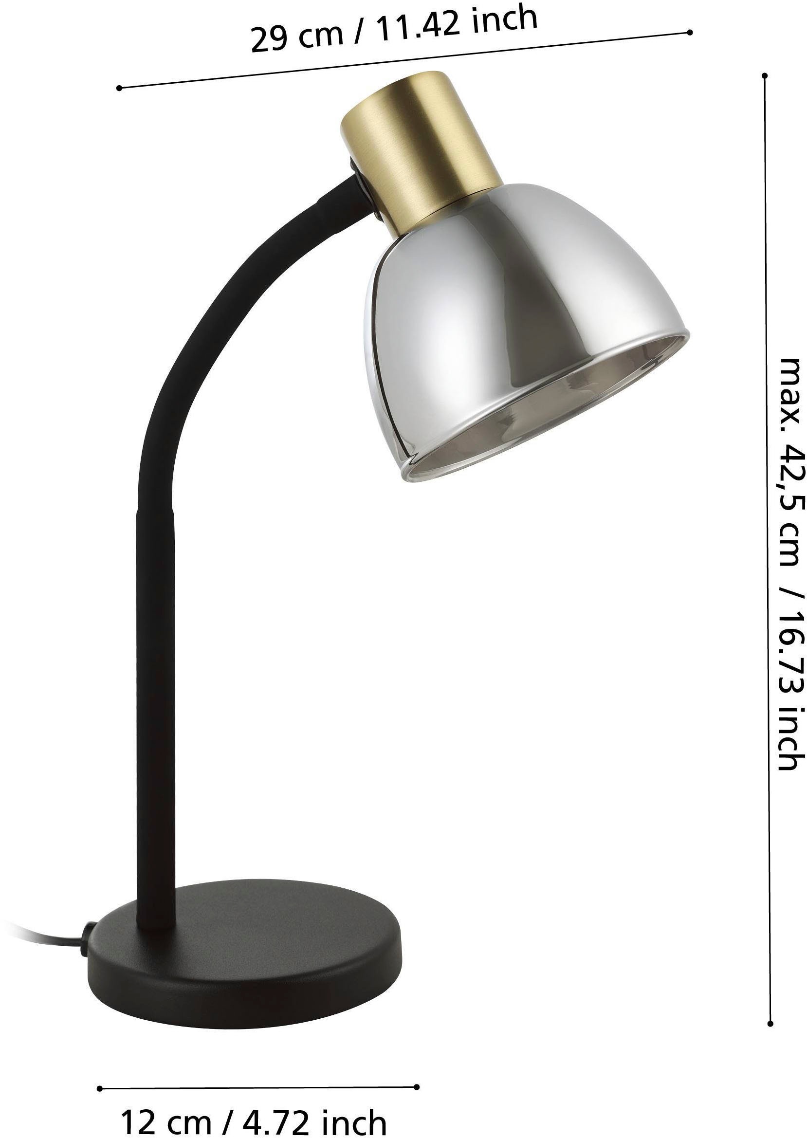 EGLO Tischleuchte »Macere Tischlampe, Schreibtischlampe aus Metall und Rauchglas, Lampe« E14 1 Stk. Tischleuchte - L22 x B12 x H34 cm - schwarz, messing-gebürstet