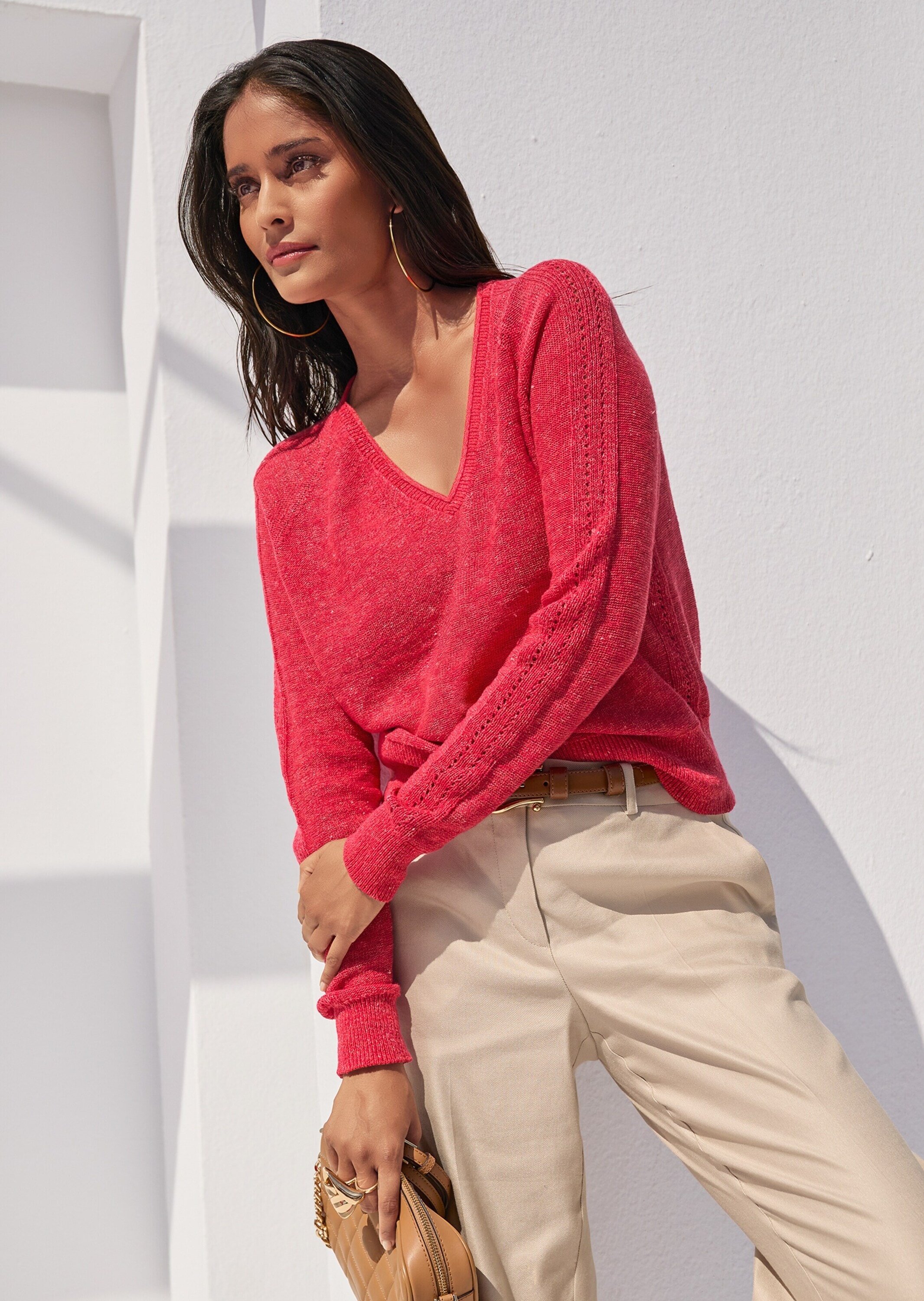 MADELEINE Longpullover »Pullover V-Pullover mit Pointelle-Muster«
