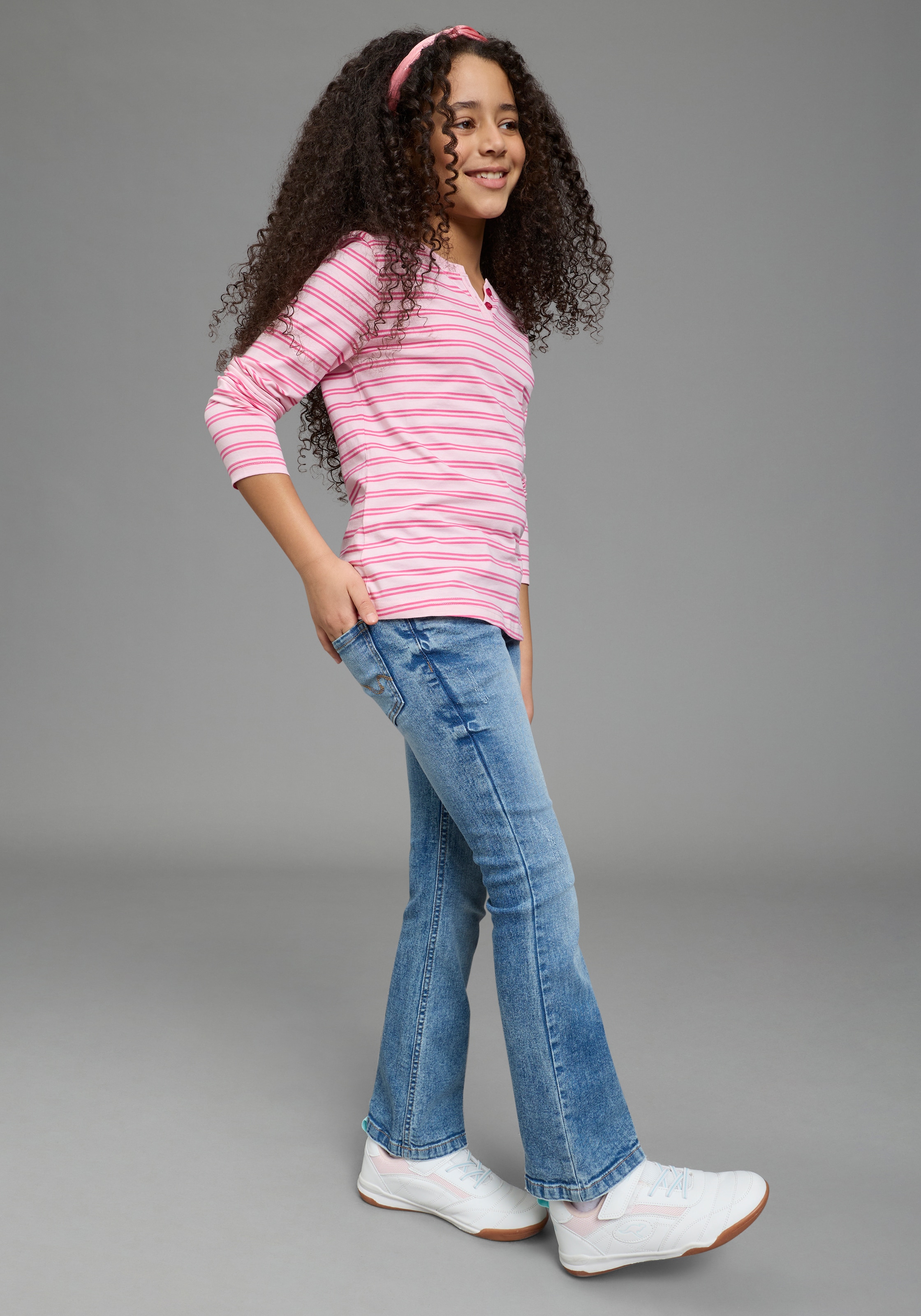 H.I.S Langarmshirt »2er Pack Shirts 1x uni + 1x geringelt, für Mädchen« Packung, 2, 2 tlg. für Mädchen, Langarm, mit Rundhalsausschnitt und Knopfleiste