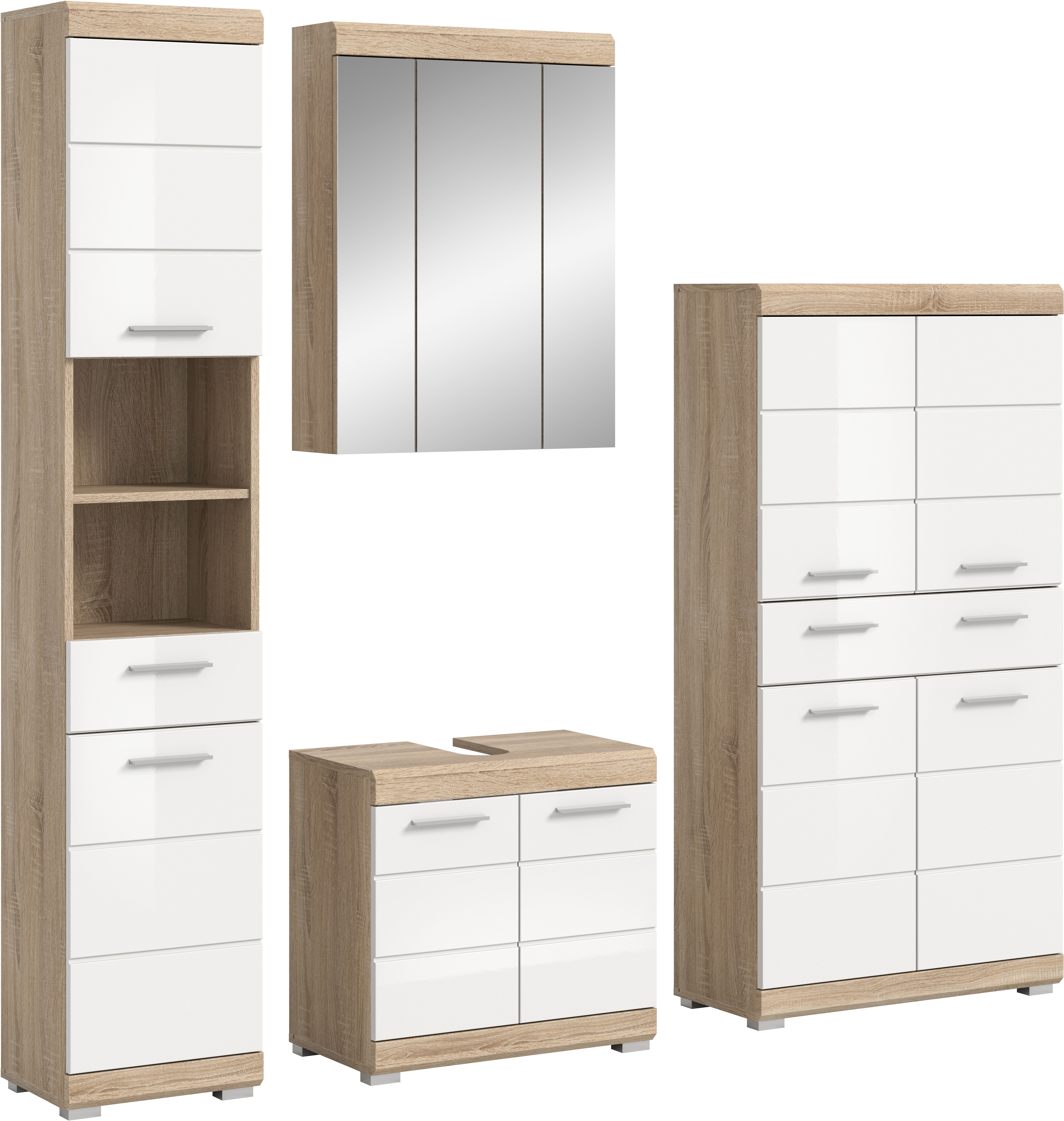 INOSIGN Badmöbel-Set »Siena, 4 teilig, bestehend aus:«, (Set), Hochschrank, Waschbeckenunterschrank, Spiegelschrank, Midischrank