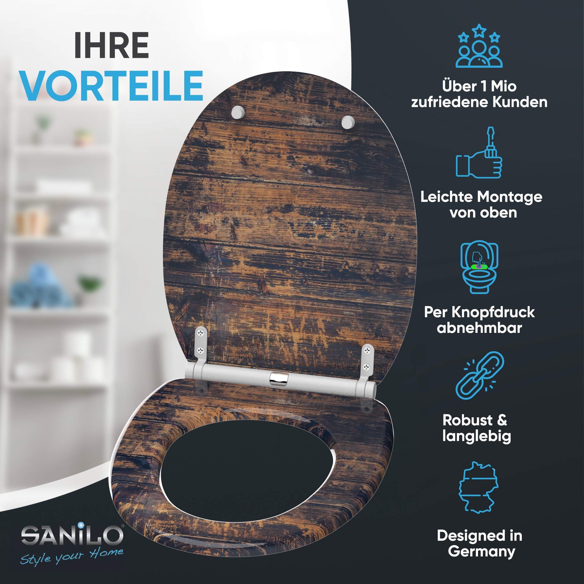 Sanilo WC-Sitz »Vintage mit Absenkautomatik & Quick Release« Premium Toilettendeckel, abnehmbar, leichte Montage von oben