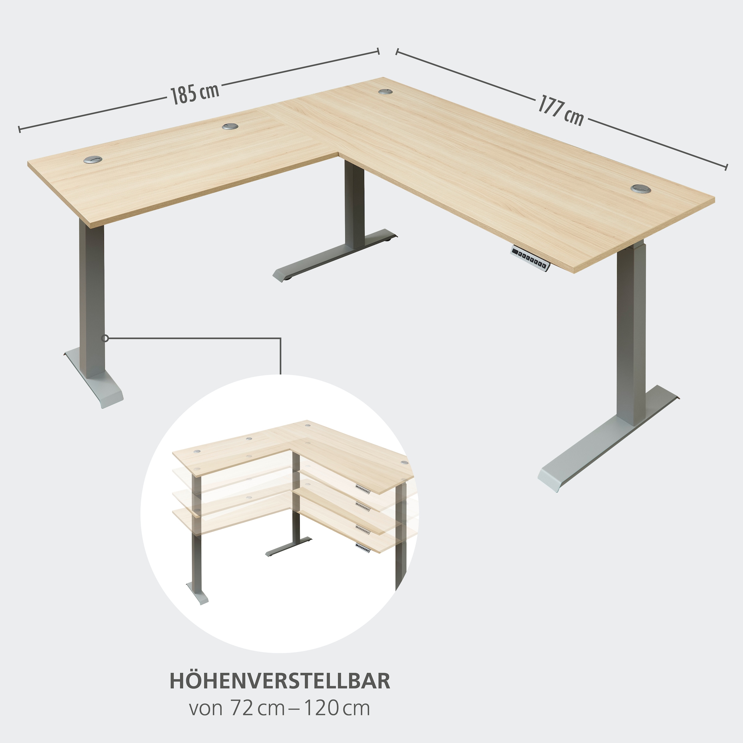 Innostyle Schreibtisch »Schreibtisch Santorin, 185/72/173 cm ( B/H/T)« 1 Stk. tlg. mit motor. Höhenverst. (72-120 cm) mit Memory-Funkt., li/re montierbar